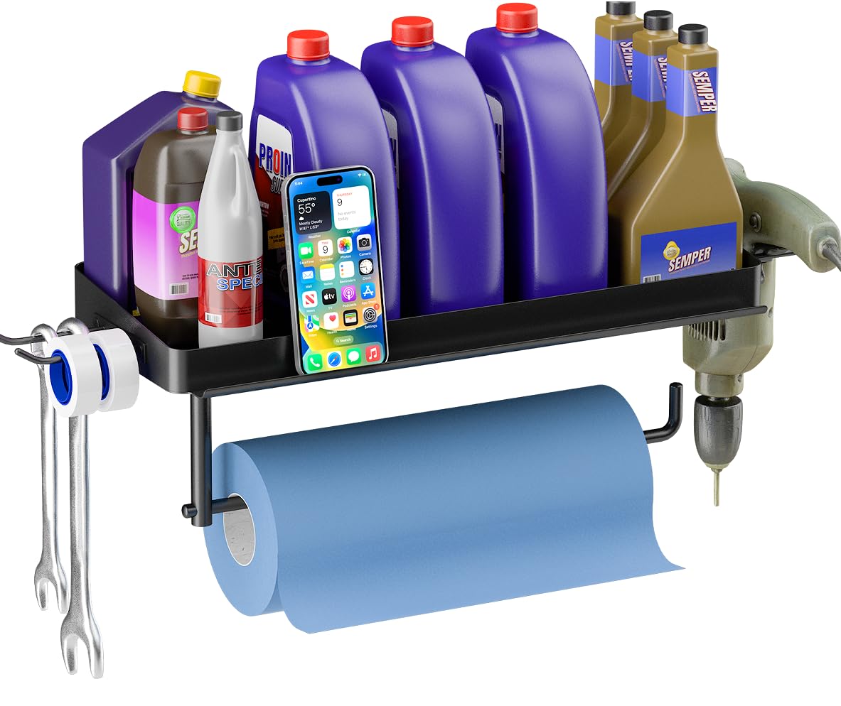 Chilinii Garage Shop Paper Towel Holder Wall Mount, Garage Organization Paper Towel Phone Holder with Shelf and 2 Hooks, Heavy Duty Steel, One Hand Tear for Kitchen Garage and Utility Room RV Car