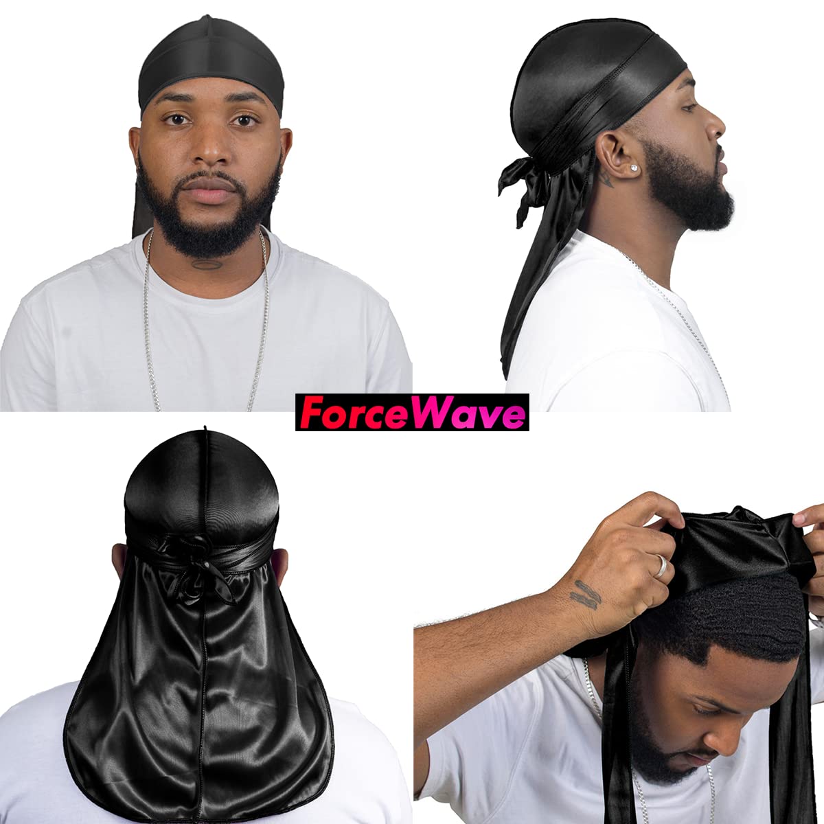 ForceWave 10 Pieces Silky Durags Long Tail for Women Men Satin Durag 360 Wave，Dorag, 10 Pieces, Black, 10 Count (Pack of 1)
