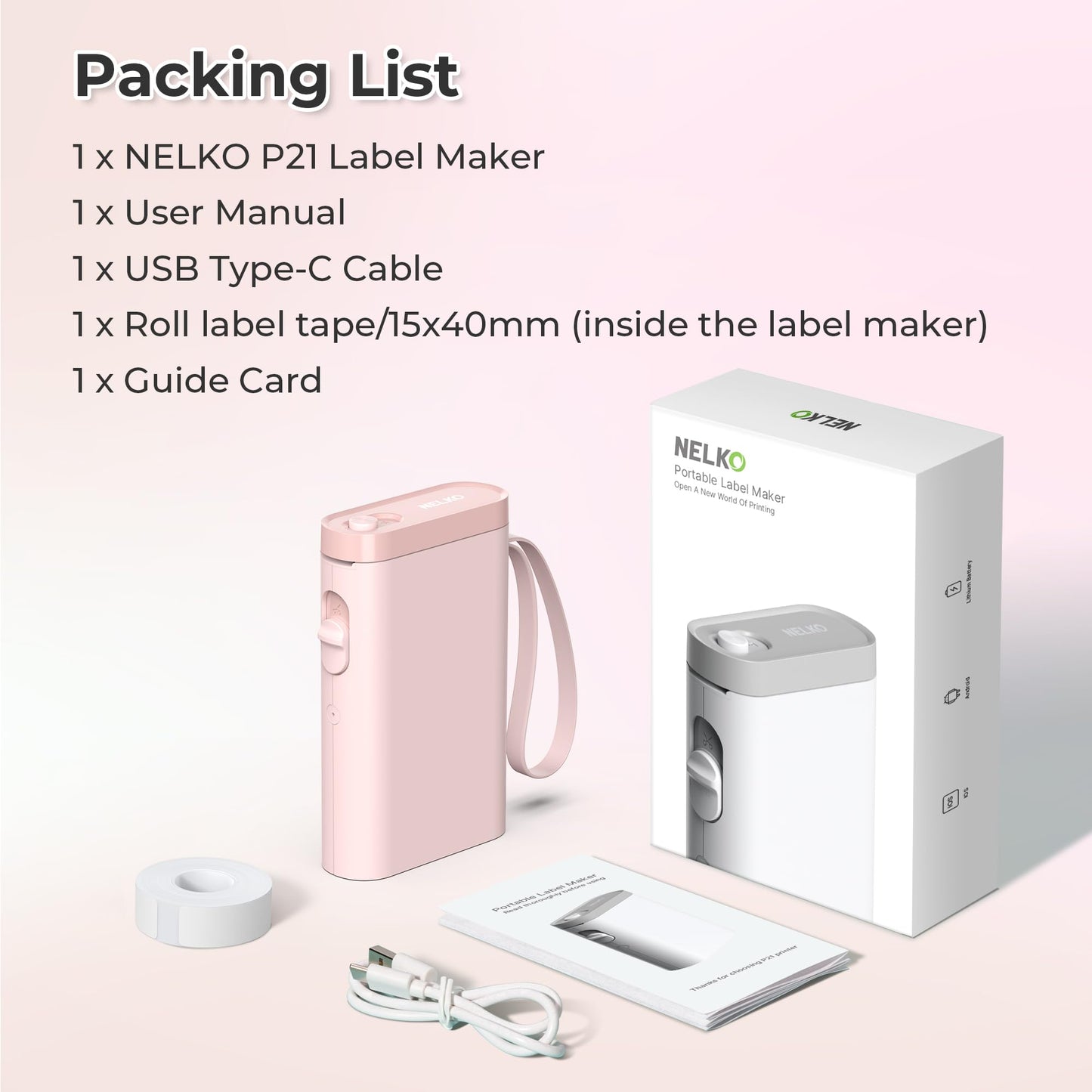 Nelko Label Maker Machine with Tape, P21 Portable Bluetooth Label Printer, Wireless Built-in Cutter Sticker Maker Mini Label Makers with Multiple Templates for Organizing Storage Office Home, Pink