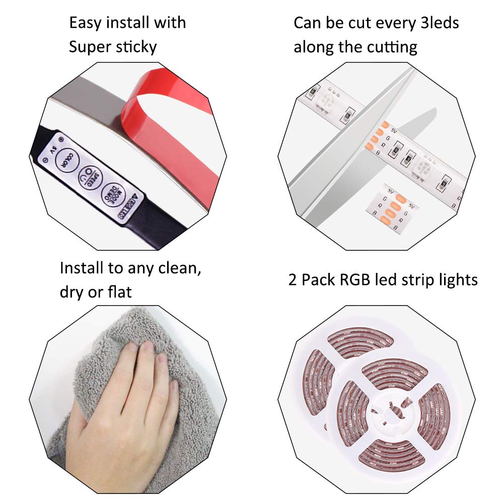 LED Strip Lights Battery Operated RGB LED Lights Strip Battery Powered Led Battery Lights 3 Keys Controller Battery Led Strip Lights 13.2FT/4M Color Changing Flexible LED Lights 2Pcs
