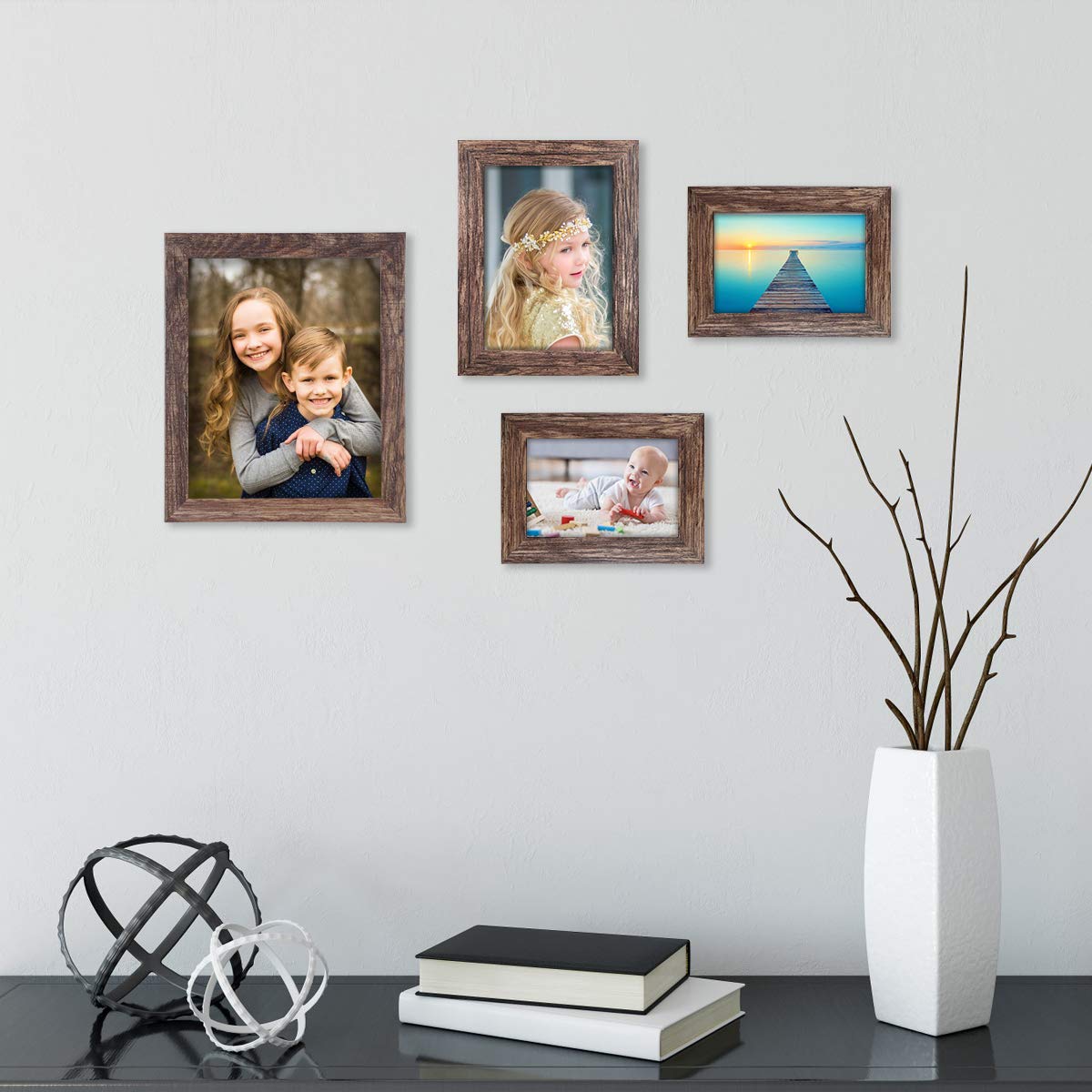 Q.Hou 8x10 Picture Frame Wood Patten Rustic Brown Photo Frames Packs 4 with High Difinition Plexiglass for Tabletop or Wall Decor (QH-CA8X10-BR)