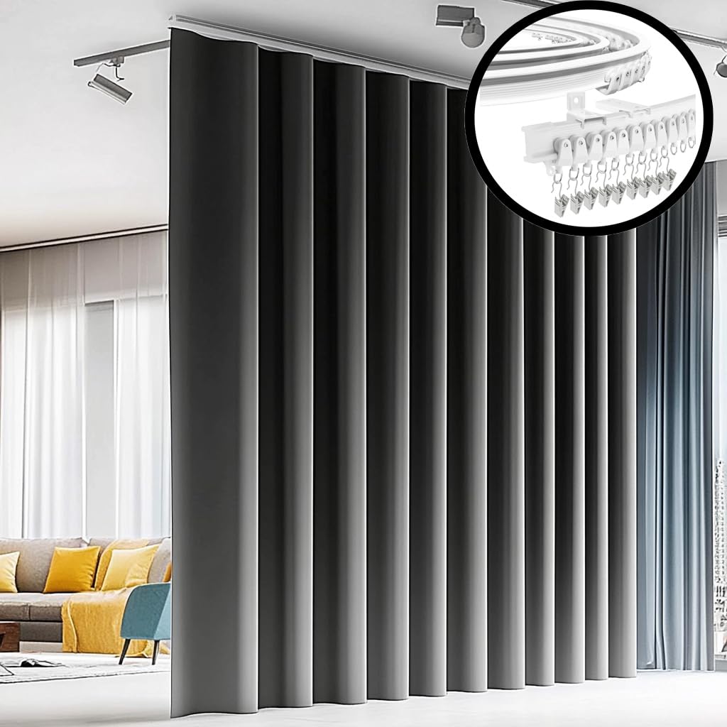 PANOVOUS Room Divider Curtain Track Set with Blackout Grey Curtain (Rod Pocket), Includes Wall-Mounted Track, Curtain W 100 x H 96 inches, White Track 2.6 Meters Long