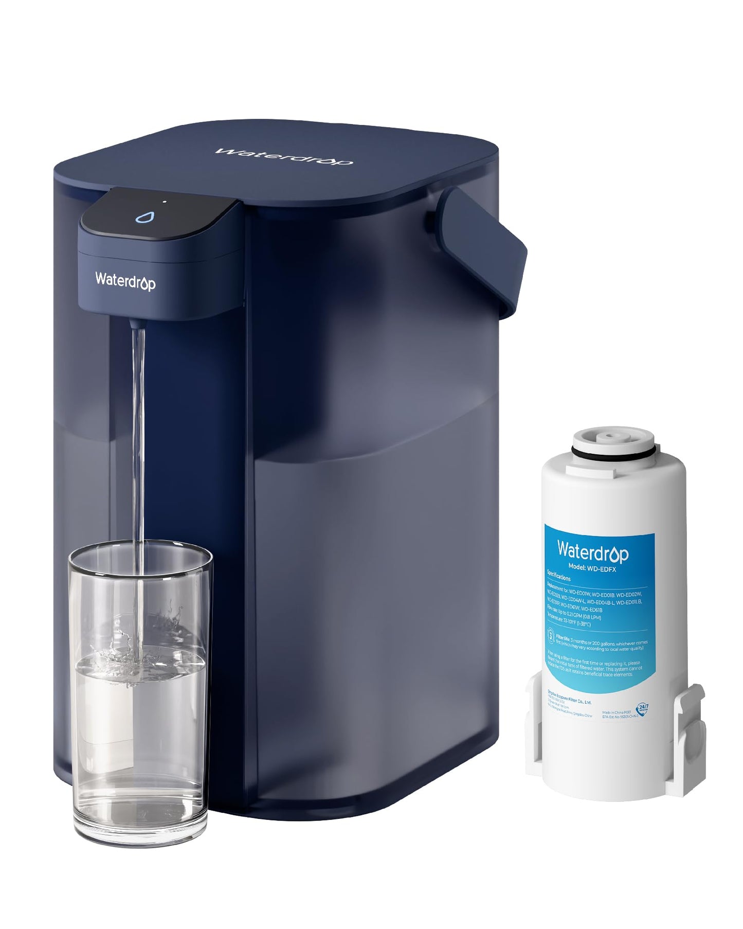 Waterdrop Electric Water Filter Pitcher, Rechargeable 200-Gallon Water Dispenser, Instant 15-Cup Countertop System, NSF/ANSI 42&372, Reduce PFAS, Lead, Chlorine, Navy Blue