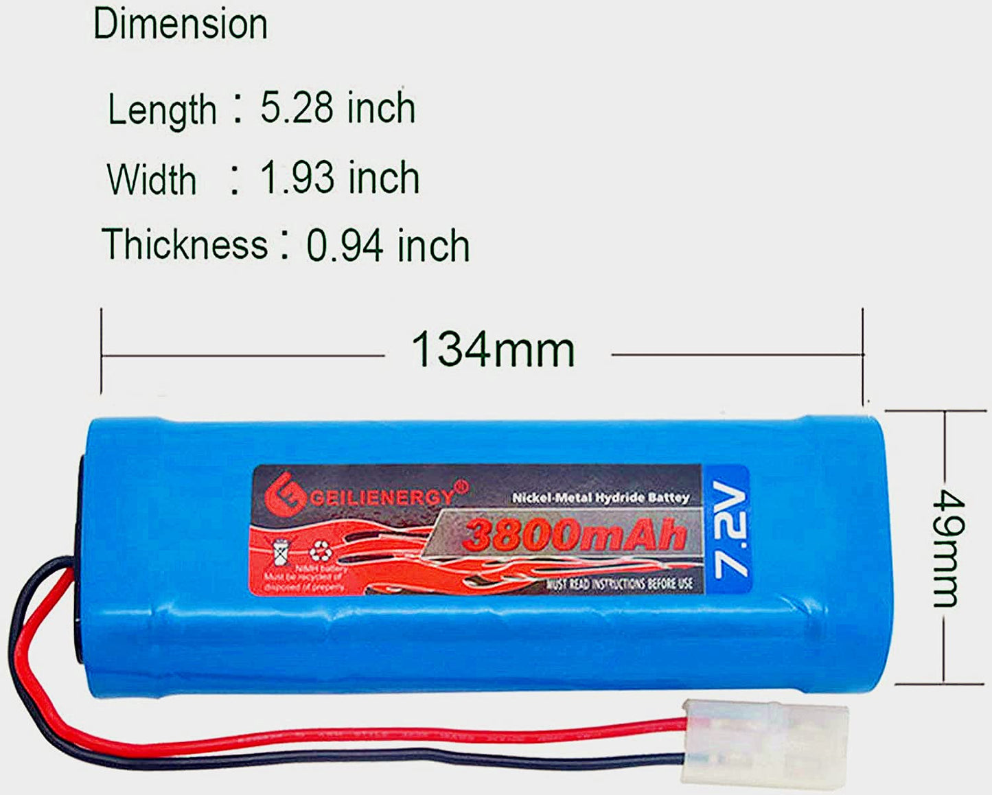 GEILIENERGY 7.2V RC Battery Pack(1 Pack) 3800mAh High Capacity 6-Cell NiMH Flat Battery Pack w/Standard Tamiya Connector+7.2V Smart Charger(1 PCS)