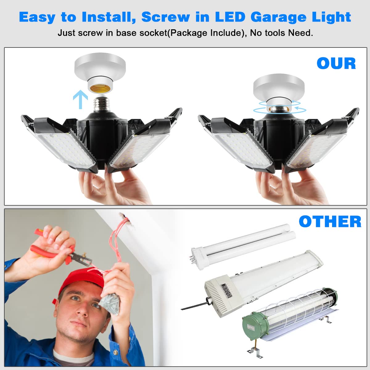 POLARPRA Garage Lights - 2Pack Super Bright 32000LM LED Garage Ceiling Light 6500K LED Shop Light w/ 6 Deformable Panels Screw in E26/E27 Socket Light Bulbs for Workshop Storage Warehouse Attic