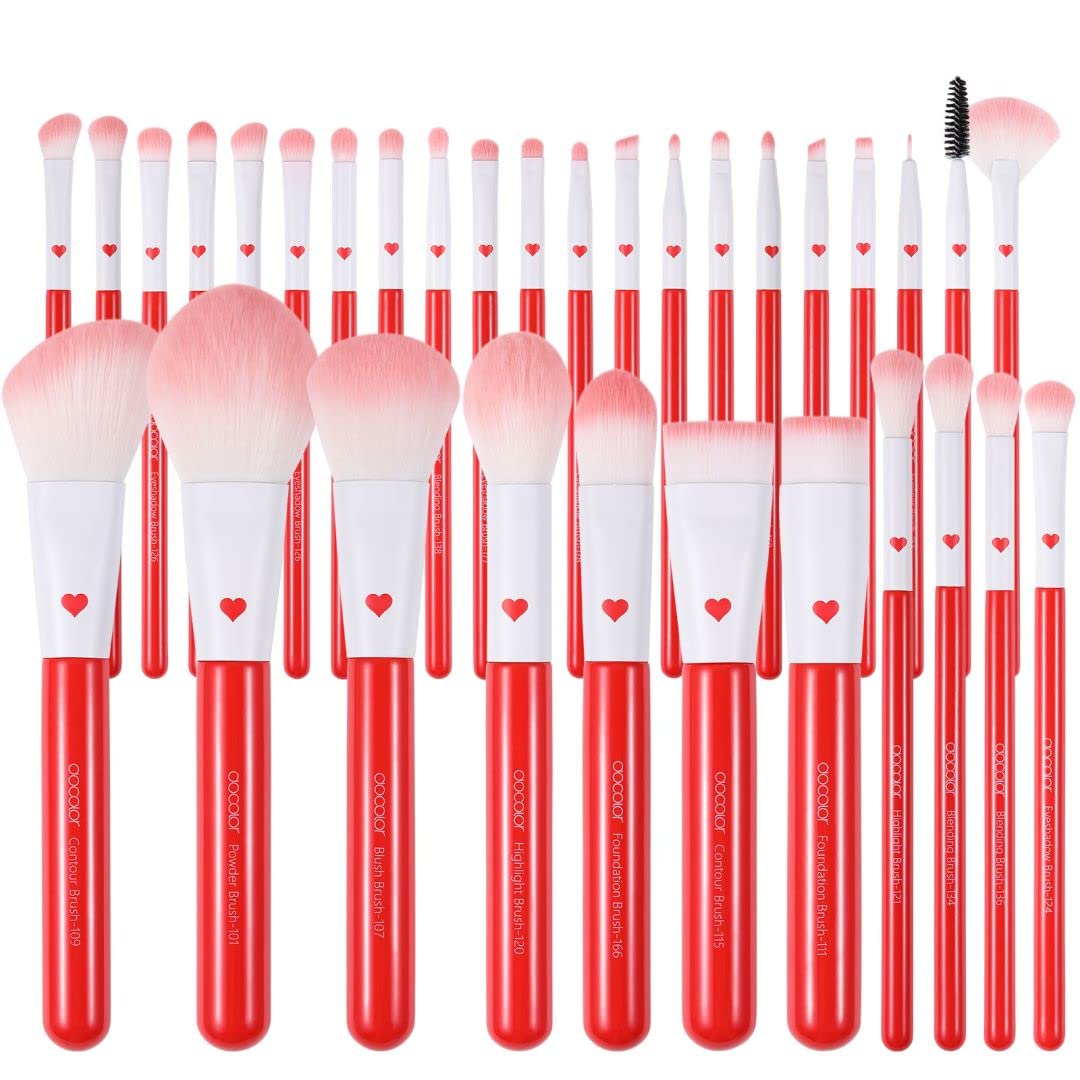 Docolor Makeup Brushes 32Pcs Professional Makeup Brush Set Premium Gifts for Lover Kabuki Foundation Blending Face Powder Blush Contour Eye Shadows Eyebrow Eyeliner Make Up Brushes Tools Kit Rose Red