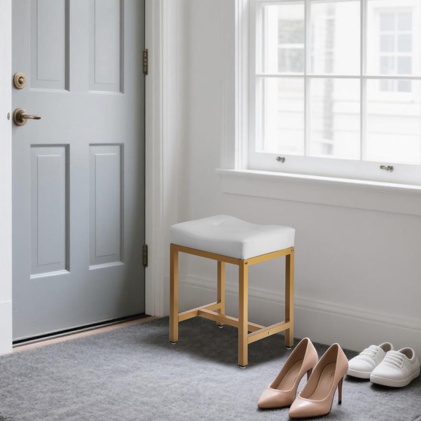 Saddle Seat Vanity Stool, Makeup Stool Chair with Metal Leg, U-Shaped PU Ottoman Foot Rest Stool, Small Square Chairs Under Desk for Vanity, Living Room, Bedroom, Modern Makeup Bench White&Gold