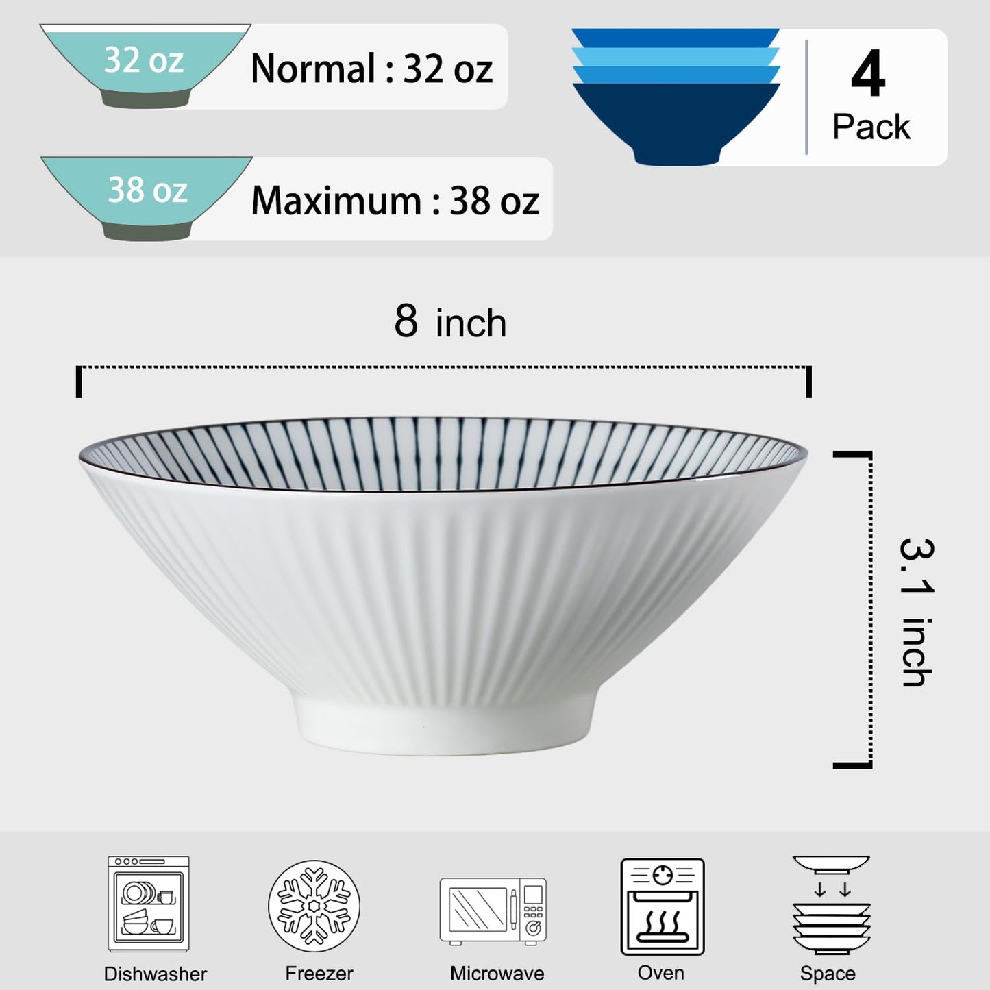 Dyware 38 oz Japanese Ramen Bowls Set of 4, Large Pho Bowls, 8 Inch Ceramic Blue and White Soup Bowls, Mixing Pattern
