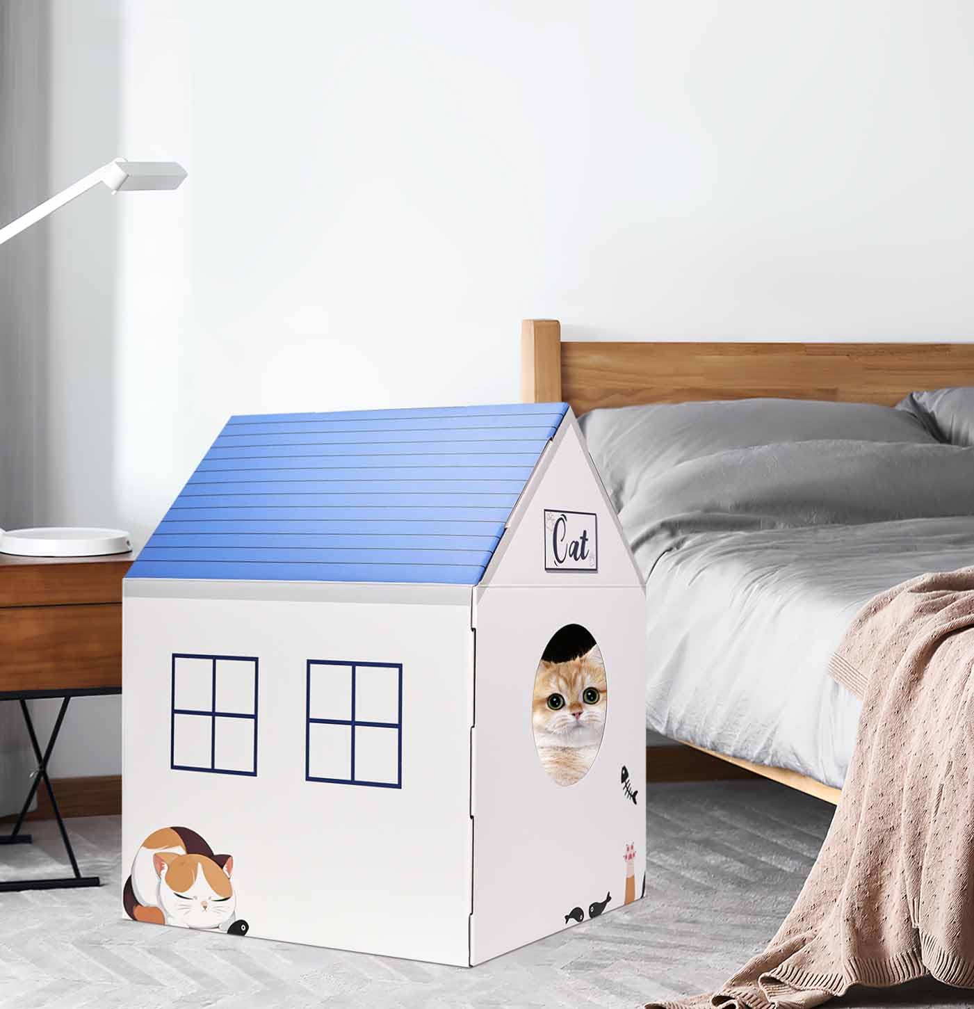 AVXINSOK Cardboard Cat House with Scratcher White Cat House