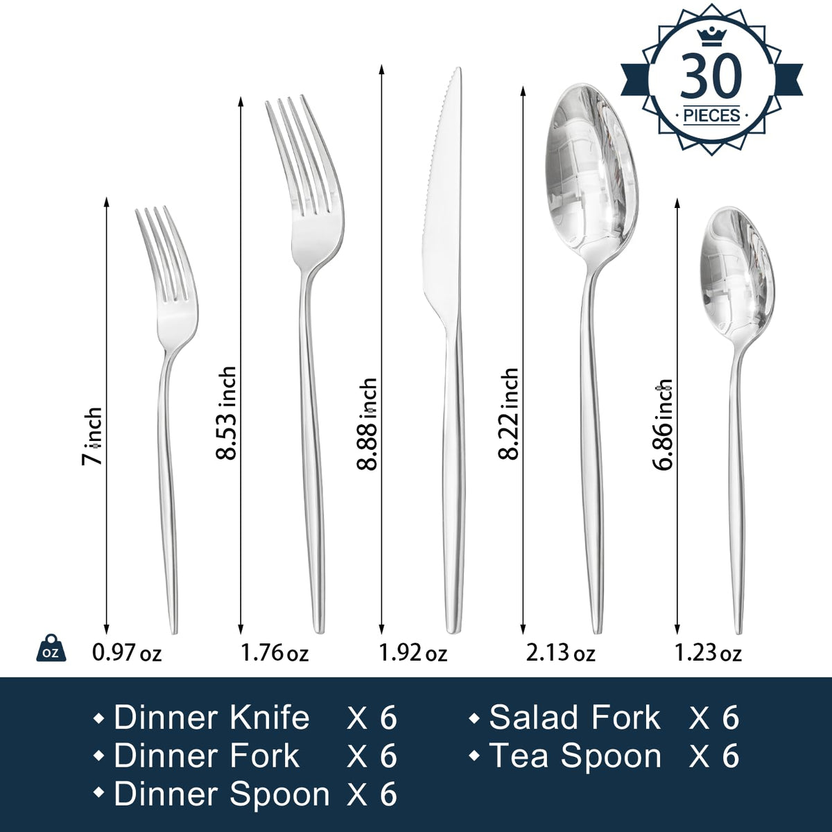 KINGSTONE Silverware Set, 30-Piece Flatware Set Cutlery Set Premium 18/10 Stainless Steel, Tableware Include Forks Knives Spoons for Home Restaurant Wedding Party, Dishwasher Safe