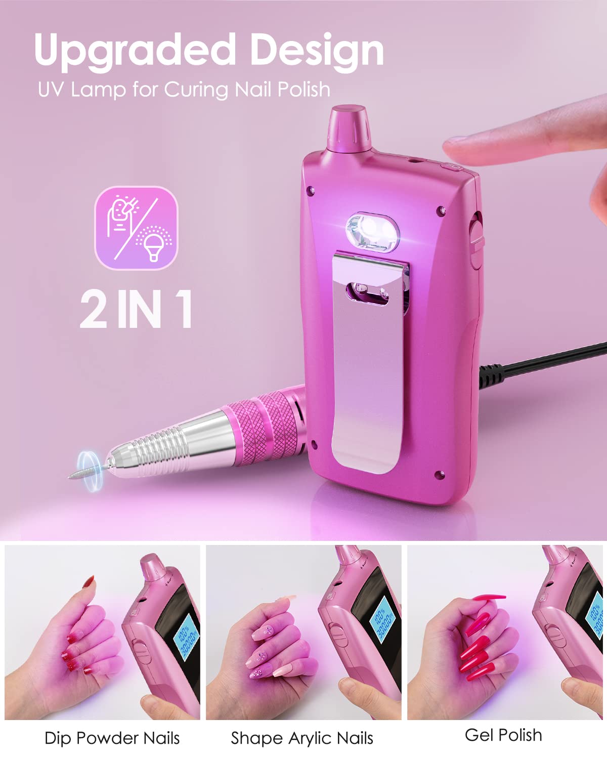Beloving Rechargeable Portable Nail Drill, 30000rpm Acrylic Nail Drill with LED Display, Professional Electric Nail File Machine Efile Drill for Acrylic Nails, Gel Nails, Cuticle, Manicure, Pedicure, Pink
