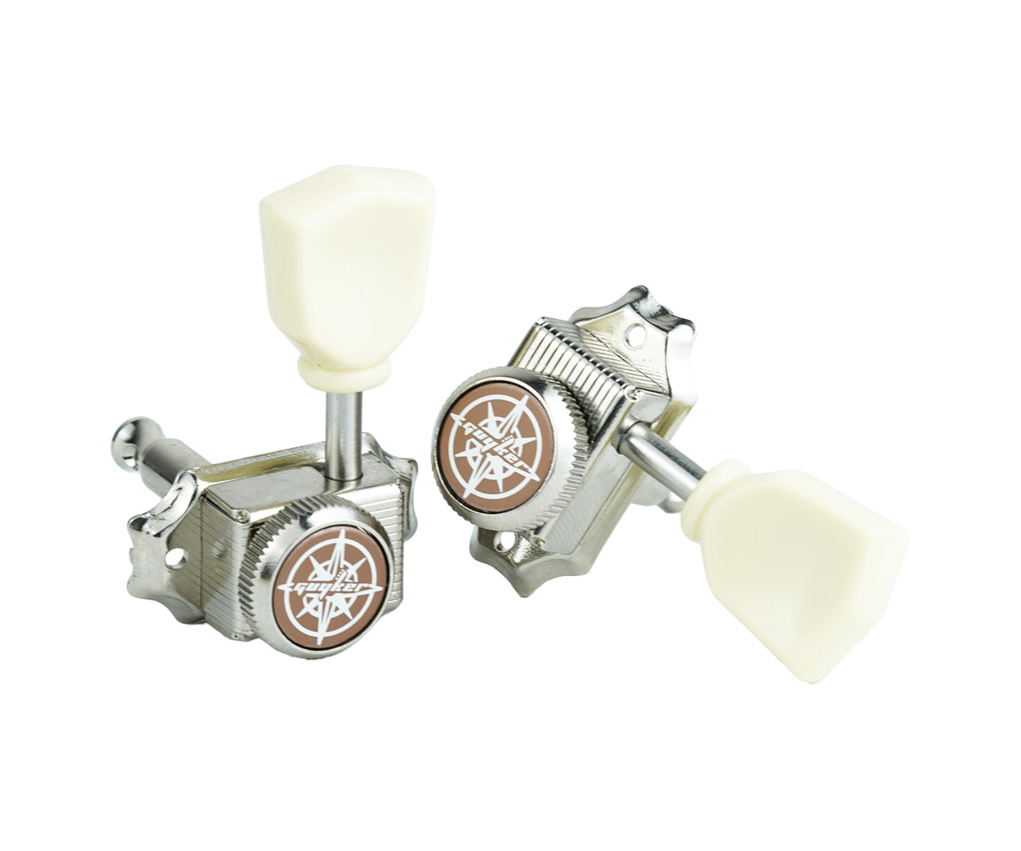 Guyker 3x3 Vintage Style Locking Guitar Machine Heads – 1:15 Ratio Lock String Nickel Deluxe Tuning Key Pegs Tuners Set Replacement for Electric, Acoustic or Folk Guitars - GK44sp, White Button