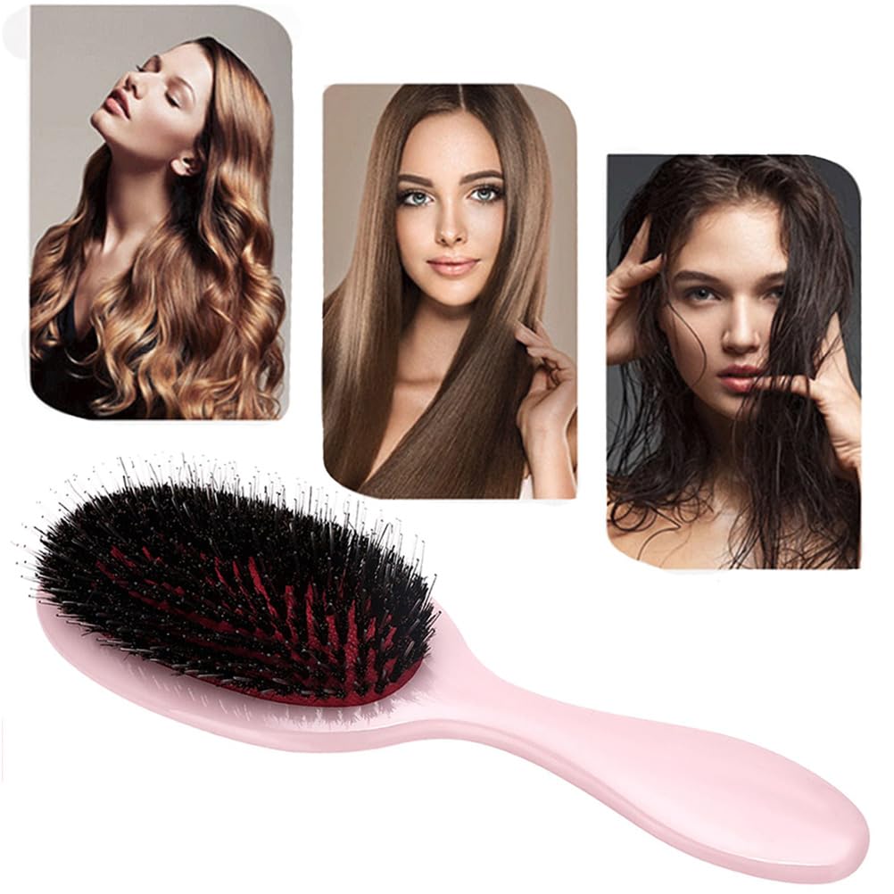 Boar Bristle Detangling Paddle Hair Brush for Curly Fine Wavy Natural Hair, Anti-frizz Detangler Brush Boar Nylon Mixed Bristle Styling Hairbrush for Women and Men
