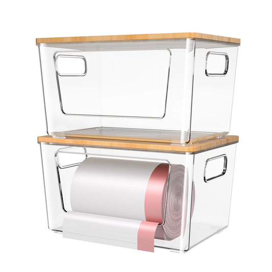 2 Pack Trash Bag Holder with Bamboo Lid, Stackable Trashbag Dispenser, Extra Large Garbage Bag Holder for Kitchen Laundry Room Under Sink Organization and Storage