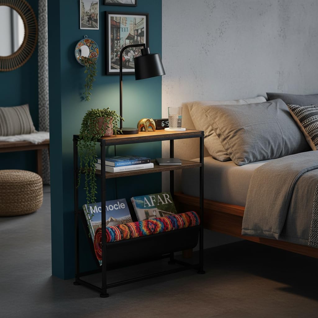ZEXVIDA Narrow End Table for Small Spaces - Slim Side Table with Magazine Holder,2 in 1 Design Narrow End Table Living Room,Skinny Bedroom Nightstand Thin Side Magazine Table (Rustic Brown)