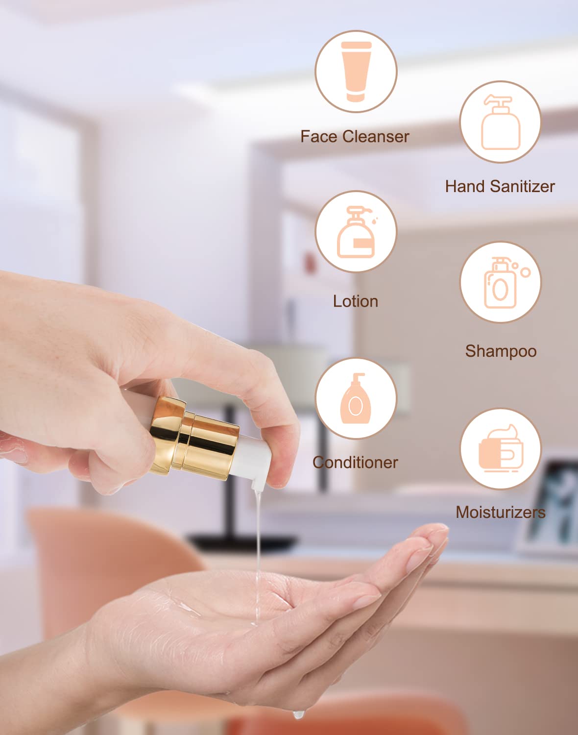 Golden Airless Pump Bottle Travel Set with Box - Refillable Empty Cosmetic Bottles for Liquids Such as Hand Soap, Toner, Foundation, Hair Oil, Lotion and Cream, Golden, 30 ML, Casual