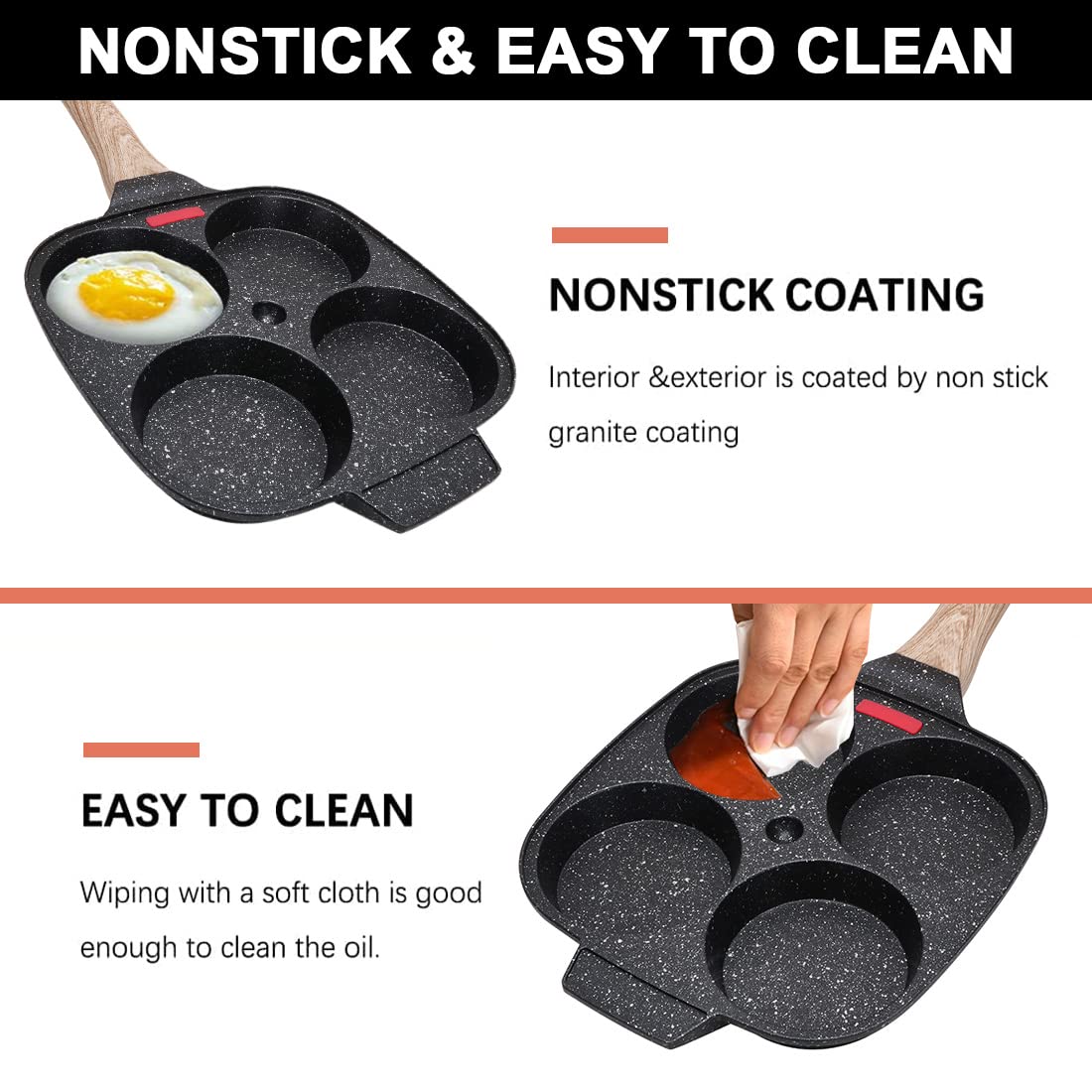 Bobikuke Egg Frying Pan, Pancake Pan with Lid Nonstick 4 Cups Fried Egg Pan Aluminium Alloy Cooker for Breakfast, Gas Stove & Induction Compatible Black
