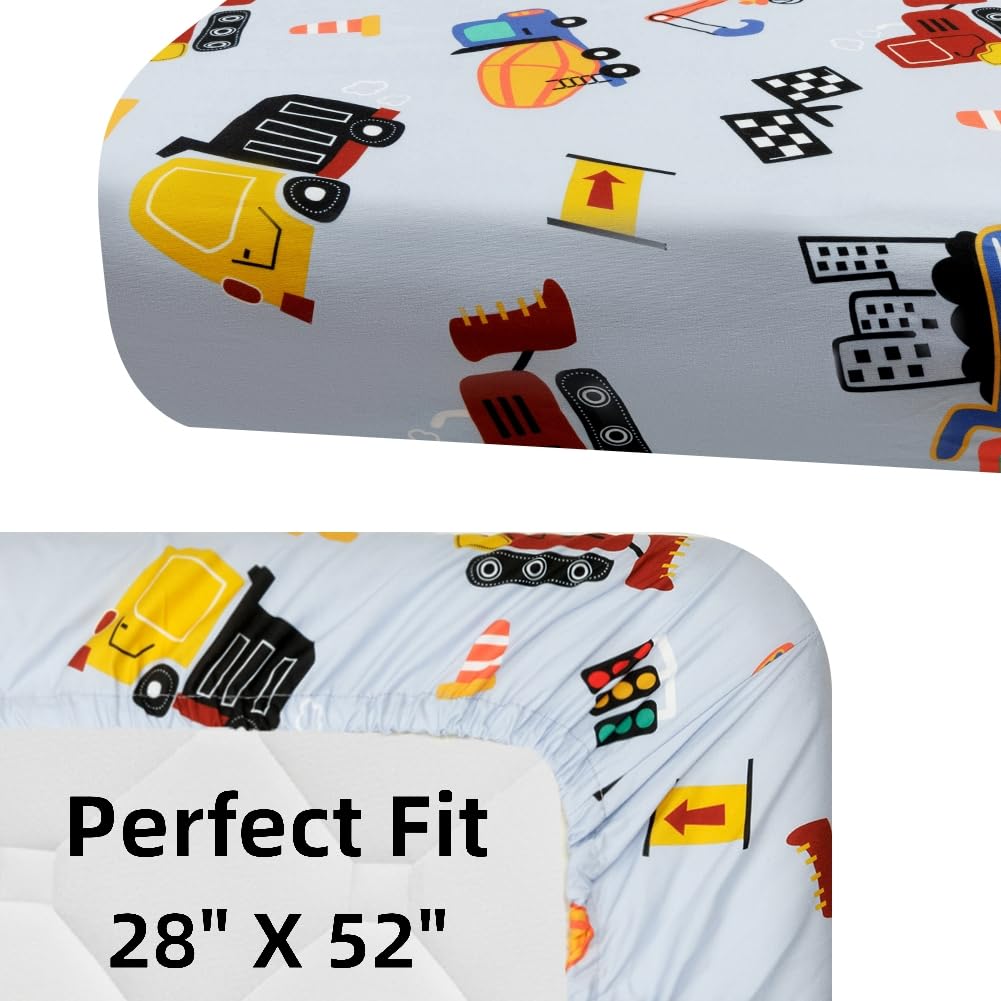 4 Pack Baby Boy Crib Sheets Set Soft Fitted Construction Truck or Dinosaur Theme Baby Boy Mattress Covers Breathable Toddler Sheets for Infant or Newborn Boys (Construction, Crib Sheets)