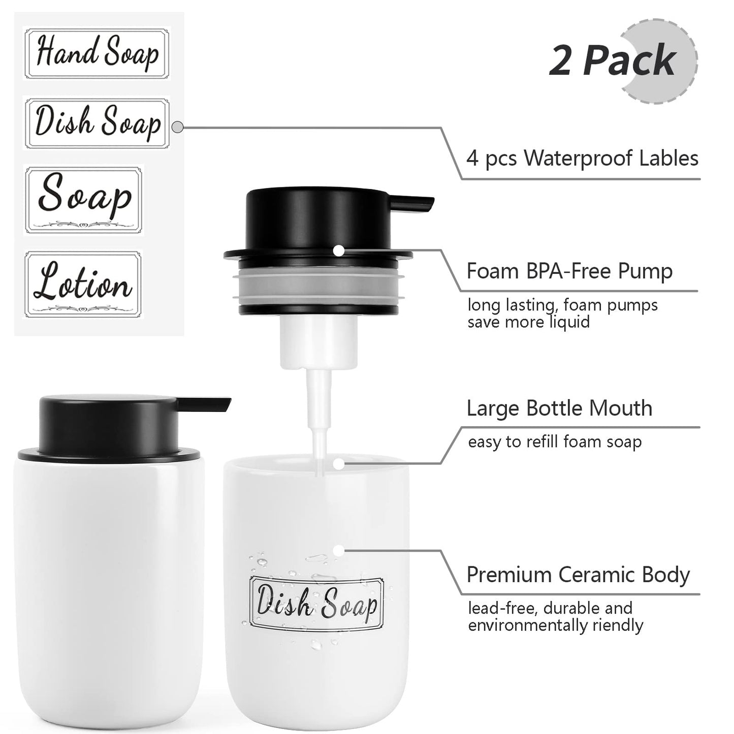 BosilunLife Soap Dispenser Set - Ceramic Hand Soap Dispenser 12oz Set with Rust Proof Pump, 4Pcs Clear Stickers for Kitchen, Bathroom - 2 Pack