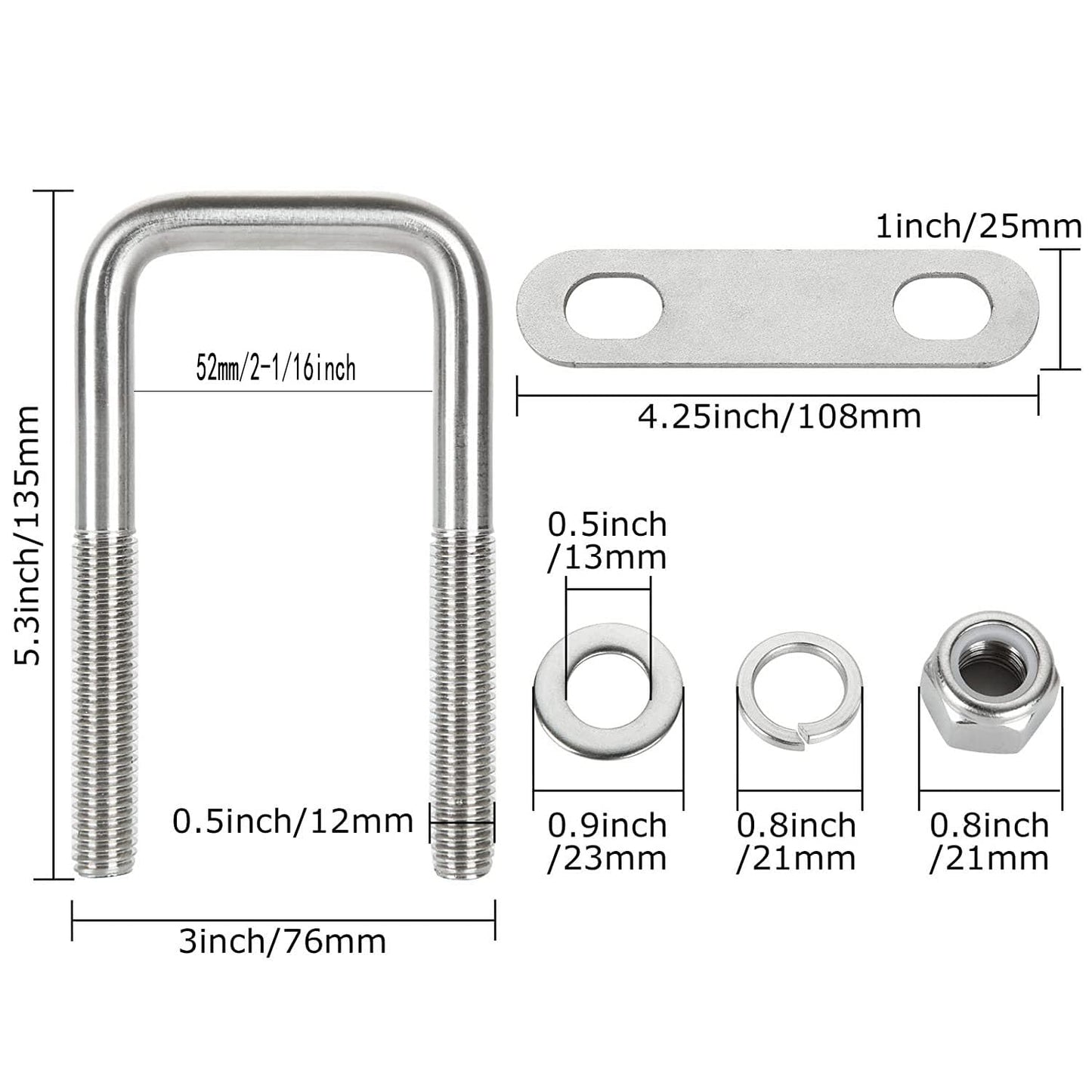 YOUNTHYE 4Pack Square U-Bolts 2-1/2" Inner Width Stainless Steel U Bolts with Washers and Nuts, Replacement Parts and Accessories for Automobiles, Ski Boat, or Sailboat Trailer