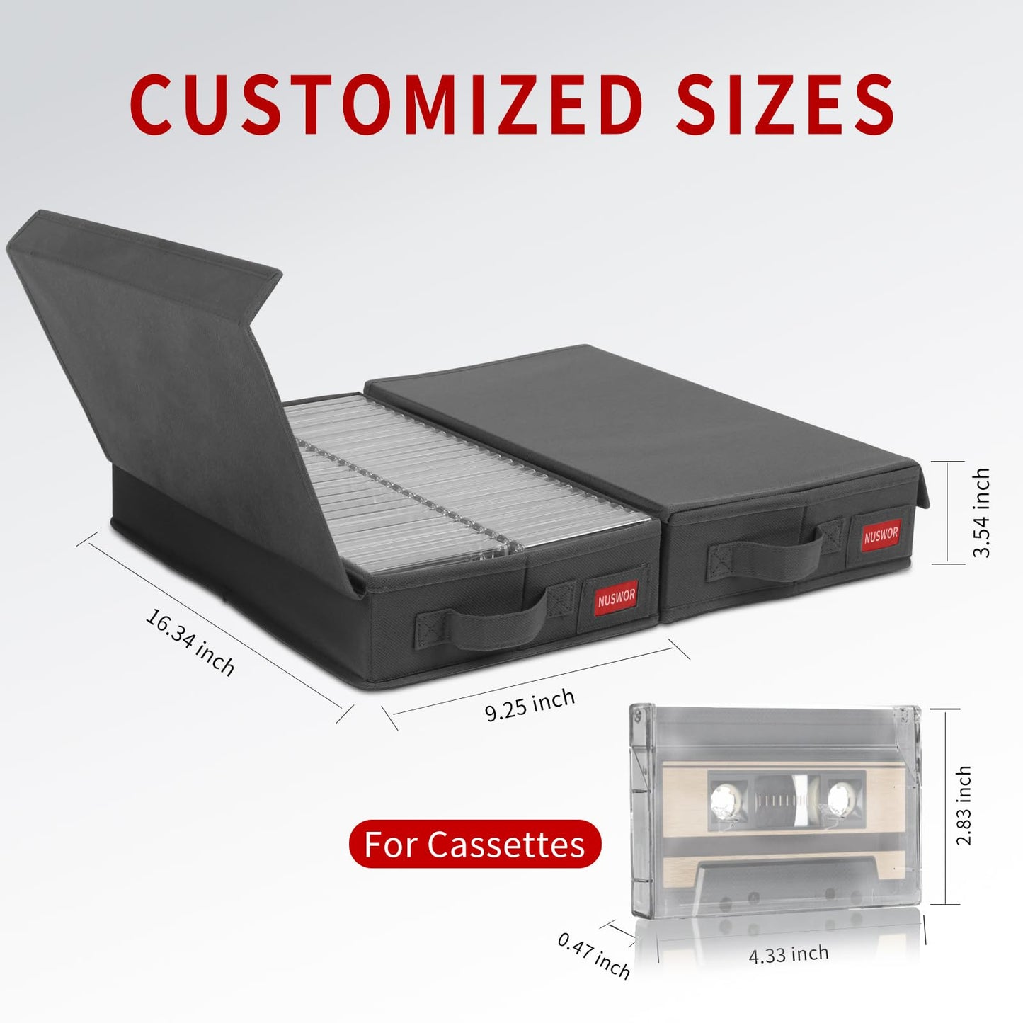 NUSWOR Stackable Tape Storage Boxes - Dust-proof Racks with Lid - Audio Cassette Holder Pack of 4- Holds 192 Cases - 16.34 x 9.25 x 3.4 Inches Grey