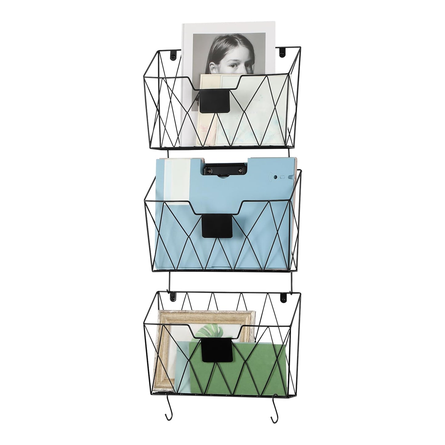 ETELI Hanging Wall File Organizer Holder Rack 3 Pockets Hanging Wall File Holder Wall Mount Mail Organizer Magazine Rack with Metal Hooks for Paper Files Office Home, Black