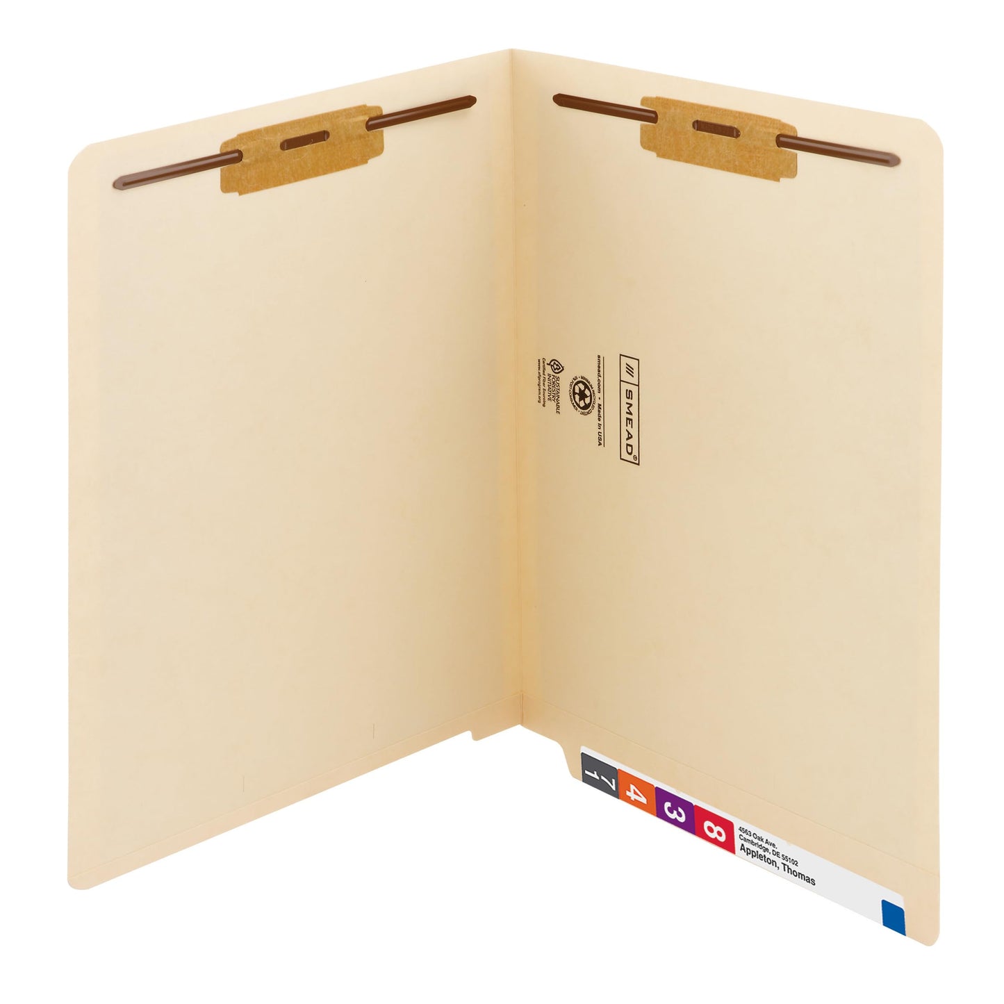 Smead End Tab Fastener File Folders, Letter Size, 14 Point, Straight Cut, Reinforced Tab, Two Fasteners in Positions #1 and #3, Manila, 50 Per Box (34215)