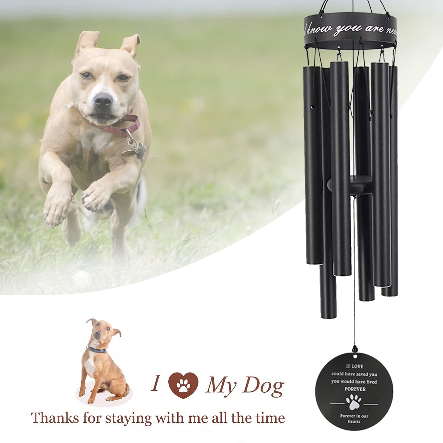 Pet Memorial Wind Chime, 30 Inches Paw Print Pet Remembrance Gift to Honor and Remember a Dog, Cat, or Other Pet, Premium Metal Wind Chime, Black
