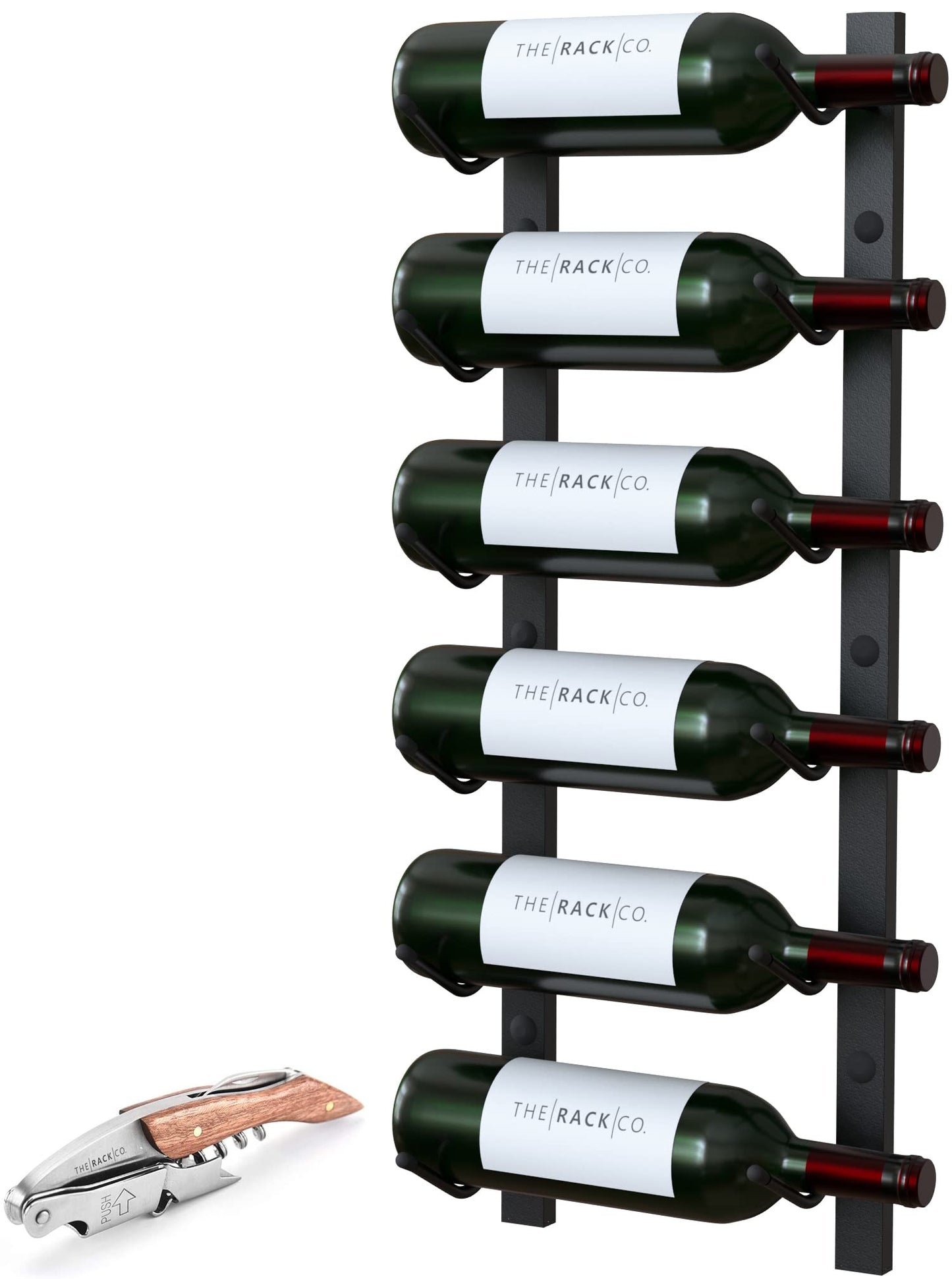 The Rack Co. Wall Series - Wall Mounted Wine Rack, Wine Bottle Storage, Satin Black Finish, Metal (1, 6 Bottles)