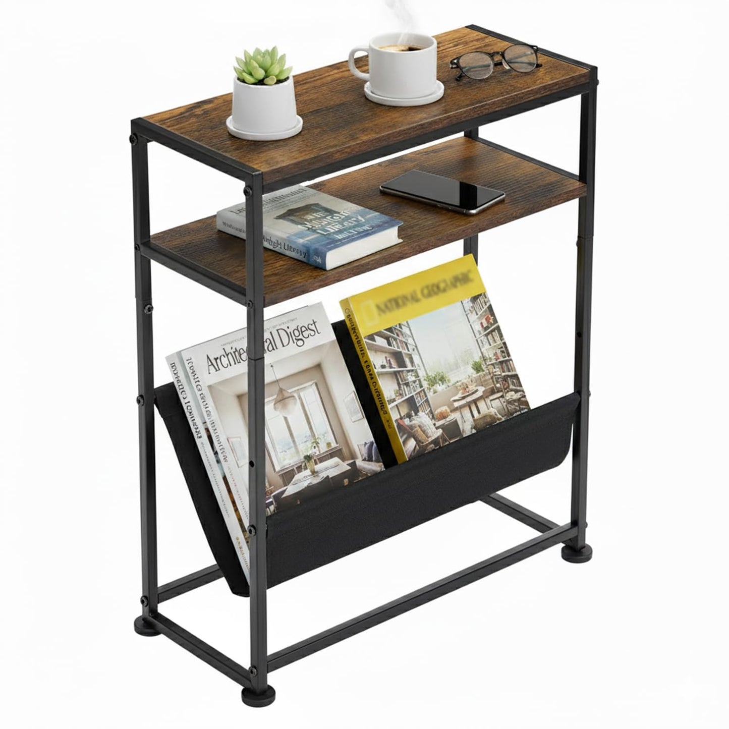 ZEXVIDA Narrow End Table for Small Spaces - Slim Side Table with Magazine Holder,2 in 1 Design Narrow End Table Living Room,Skinny Bedroom Nightstand Thin Side Magazine Table (Rustic Brown)