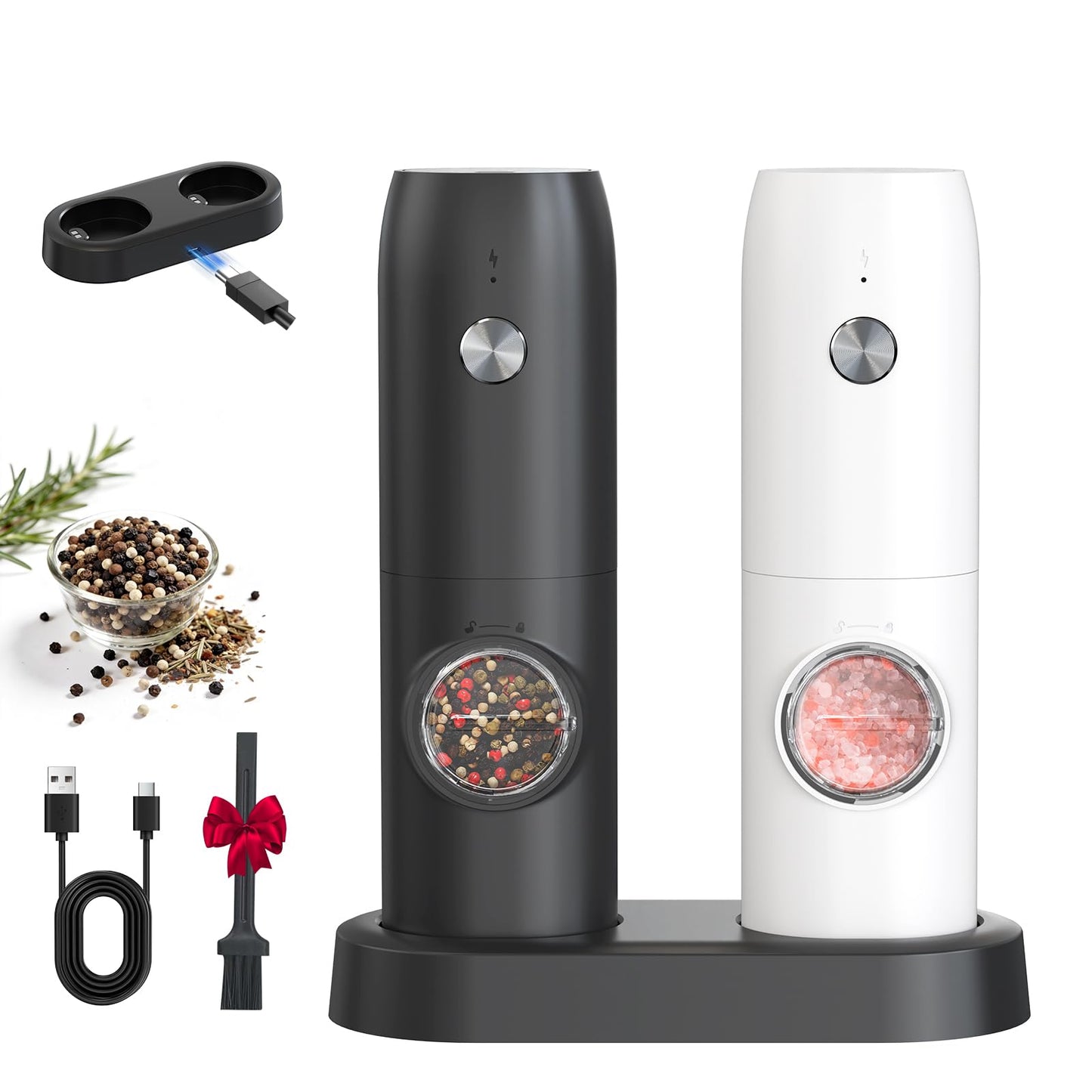 CIRCLE JOY Electric Salt and Pepper Grinder Set, USB Rechargeable Pepper Mills with Ceramic Grind and Adjustable Coarseness, Automatic Grinder for Home, Kitchen, Black White