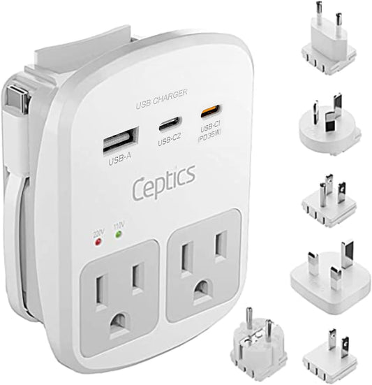 Ceptics World Travel Adapter Kit - 2 USB + 2 US Outlets, Surge Protection, Plug for Europe, UK, China, Australia, Japan - Perfect for Laptop, Cell Phones (Does Not Convert Voltage) (WPS-2B+)