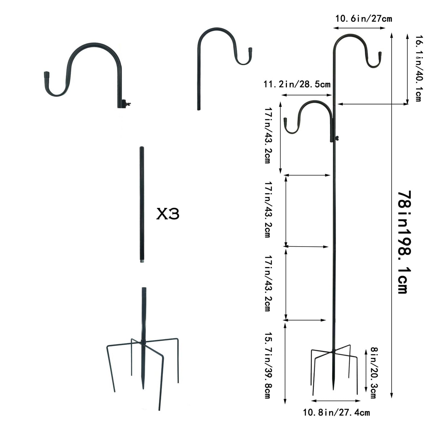 78 Inch Double Shepherds Hooks for Outdoor Bird Feeder,Hanging Plants,Solar Light,Metal Bird Feeder Pole Stand Adjustable 78/62/46/30 Inch,3/4 Inch Width Garden Shepards Hook