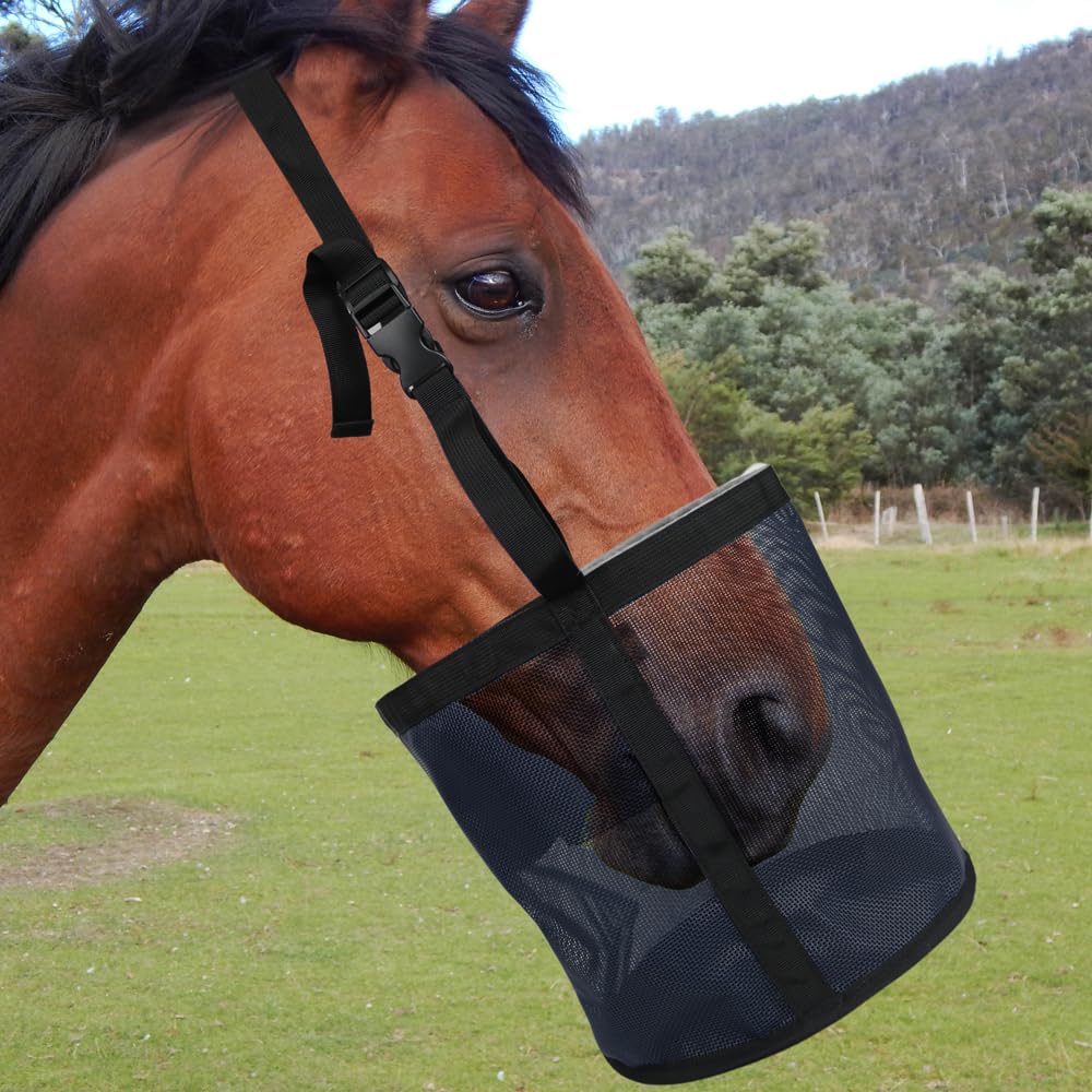 Kaulhp 2PCS Horse Feed Bag,Heavy Duty Nylon Mesh Grain Feed Bag with Adjustable Strap,Horse Muzzle Feed Bag with Comfort Neck Pad and Nose Pad (Dark Blue)