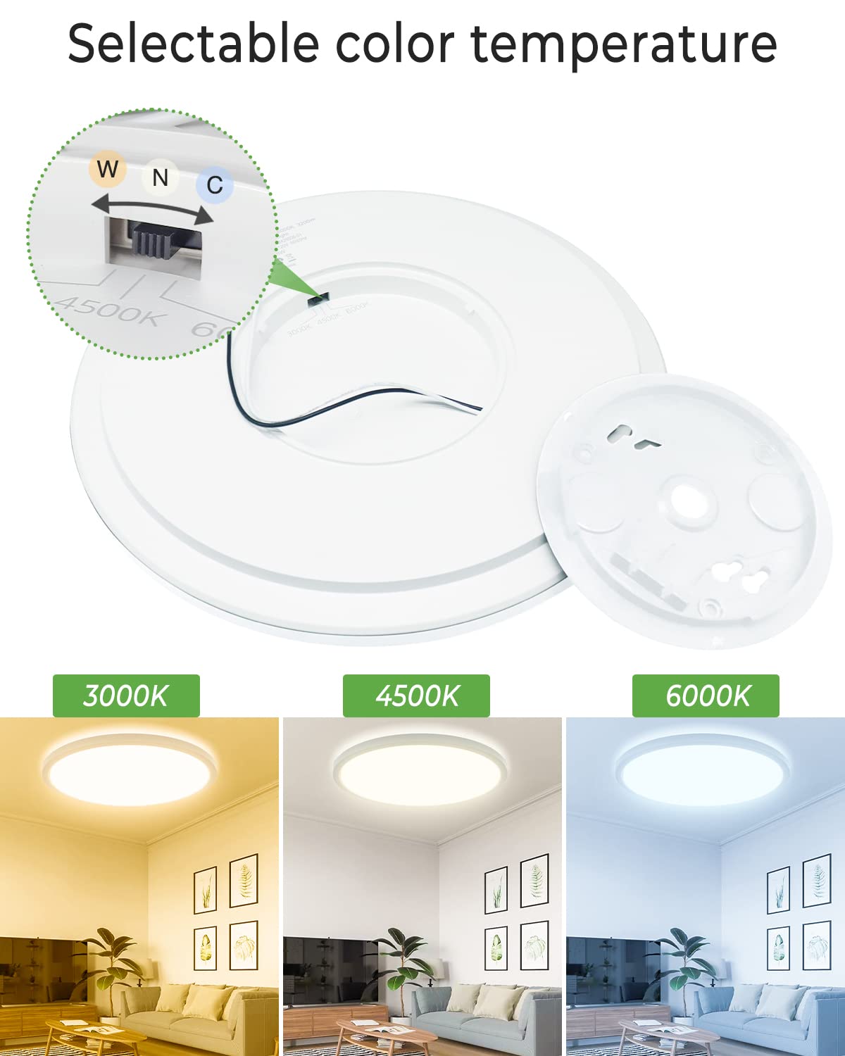 Zemty 2 Pack 12 Inch LED Flush Mount Ceiling Light Fixtures, 24W 2640lm LED Ceiling Light 2700K/3000K/4000K/5000K/6500K 5 Color Temperatures Selectable for Bedroom Kitchen Dining Room (White)