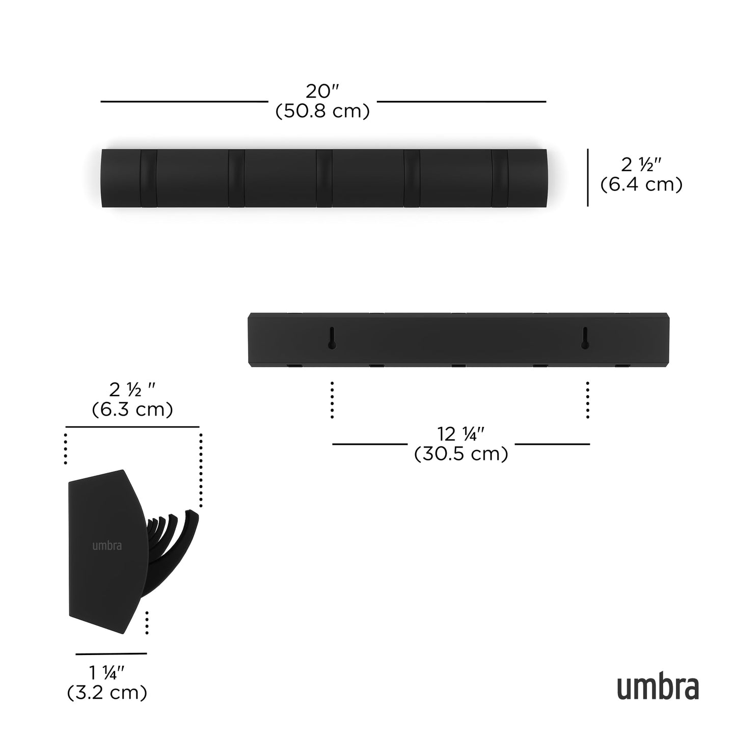 Umbra Flip Wall-Mounted Coat Rack with 5 Hooks – Modern, Space-Saving Storage for Hats, Jackets, Bags, Entryway, Mudroom, Closet, Bathroom, Bedroom – Black
