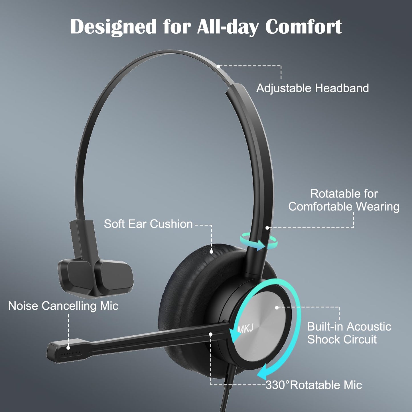 MKJ Phone Headset with Microphone, Noise Cancelling Wired VoIP Headphone for Call Center, Office Headset with RJ9 Jack for Cis co Phone 7841 7861 7942G 7961G 7962G 7971G 7975G 8841 9951 9971