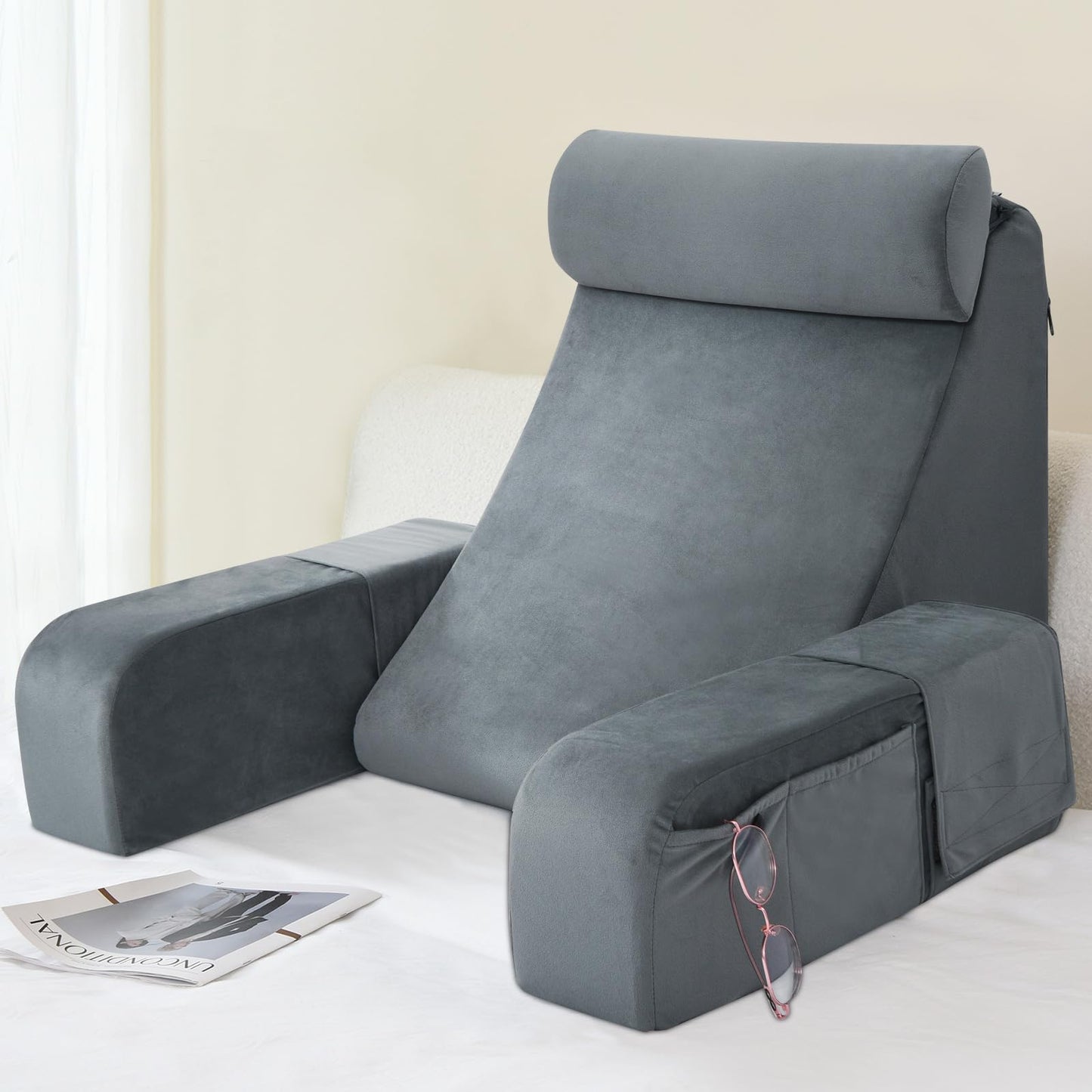 ENITYA Reading Pillow for Sitting in Bed Adult, Back Pillow for Bed Sitting up, Backrest Cushion, Lounging/Reading/Gaming/Resting/Watching TV, Bedrest, Couch or Floor, Medium 19"(Grey)