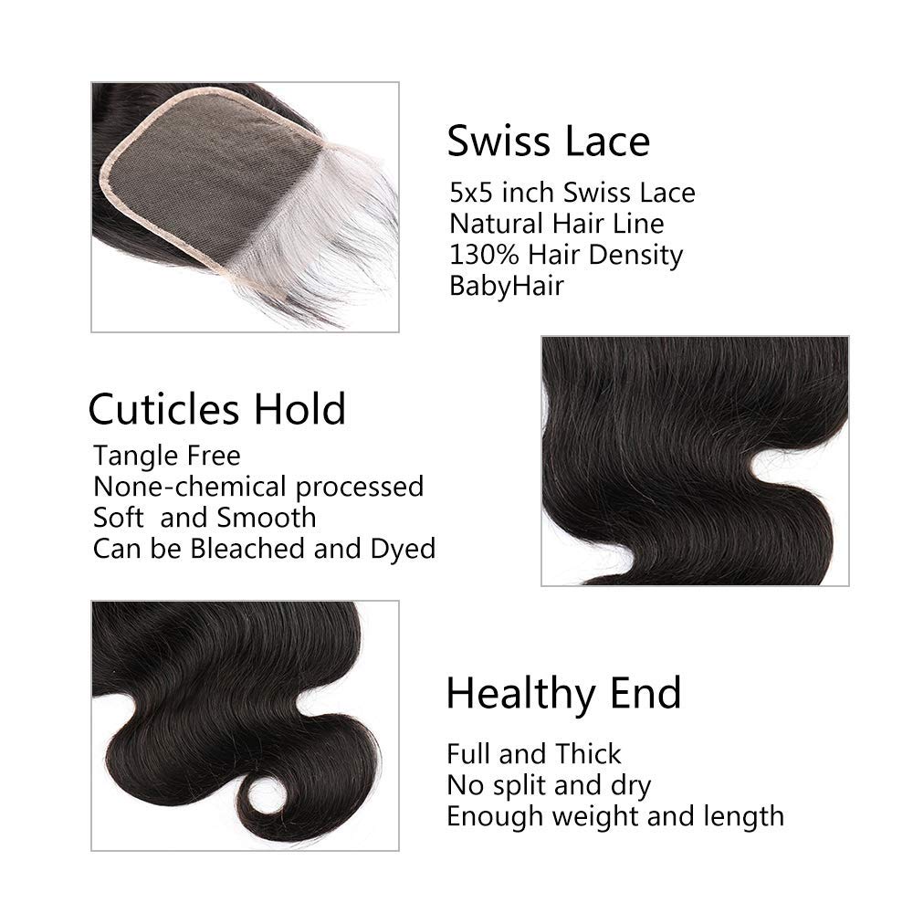 BLISSHAIR 5x5 Lace Closure Body Wave Human Hair Closure Frontal 100% Brazilian Virgin Hair Closure With Baby Hair Free Part Natural Black Color 14 Inch