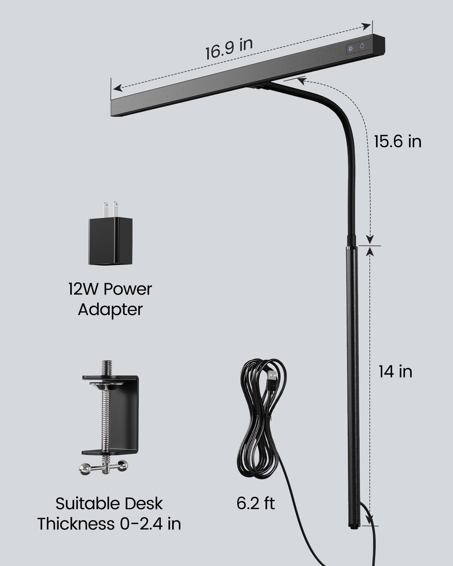 LED Desk Lamp for Office Home, SUPERDANNY Eye-Caring Desk Light with Adjustable Gooseneck, 12W Touch Control Dimmable Brightness, Architect Clamp Lamp with USB Adapter for Reading Study Workbench