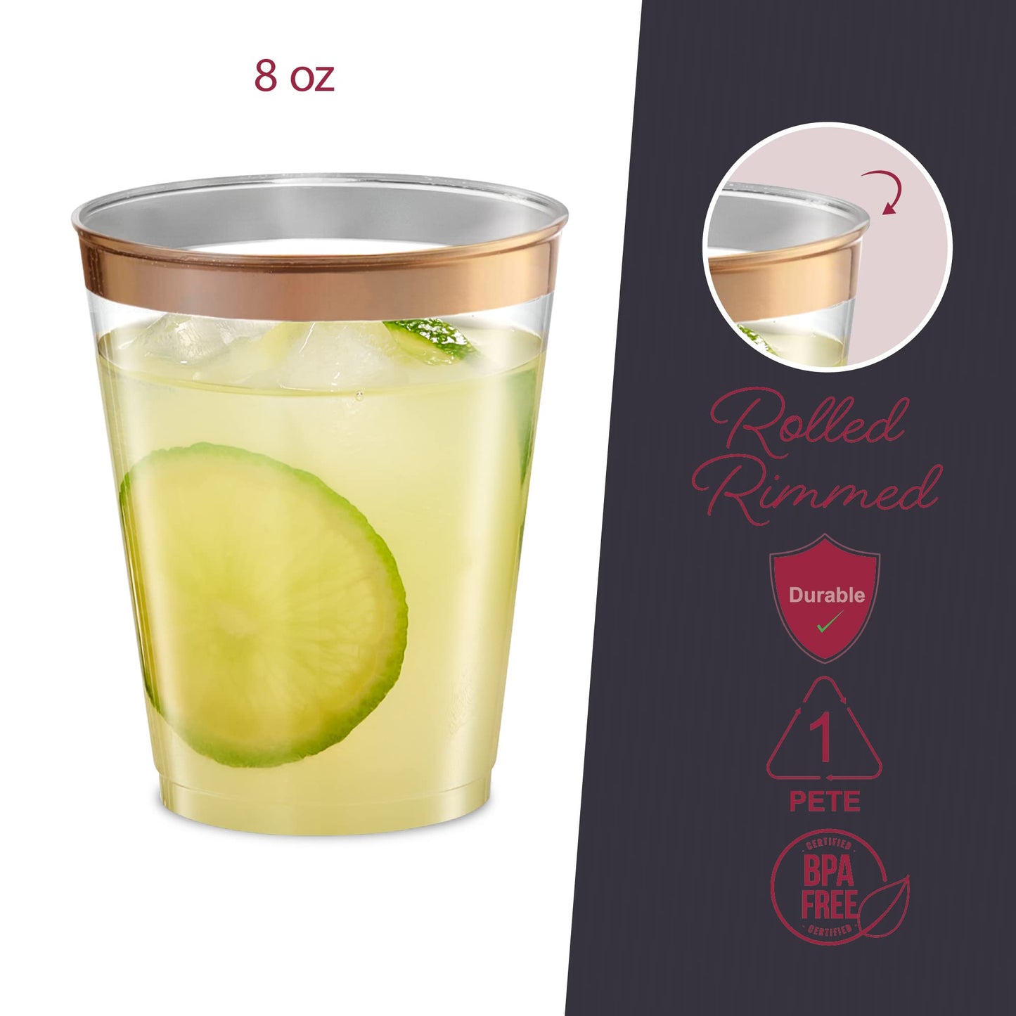PLASTICPRO Disposable 8 oz Crystal Clear Plastic Tumblers With Rose Gold Rim for Party's & Weddings pack of 100