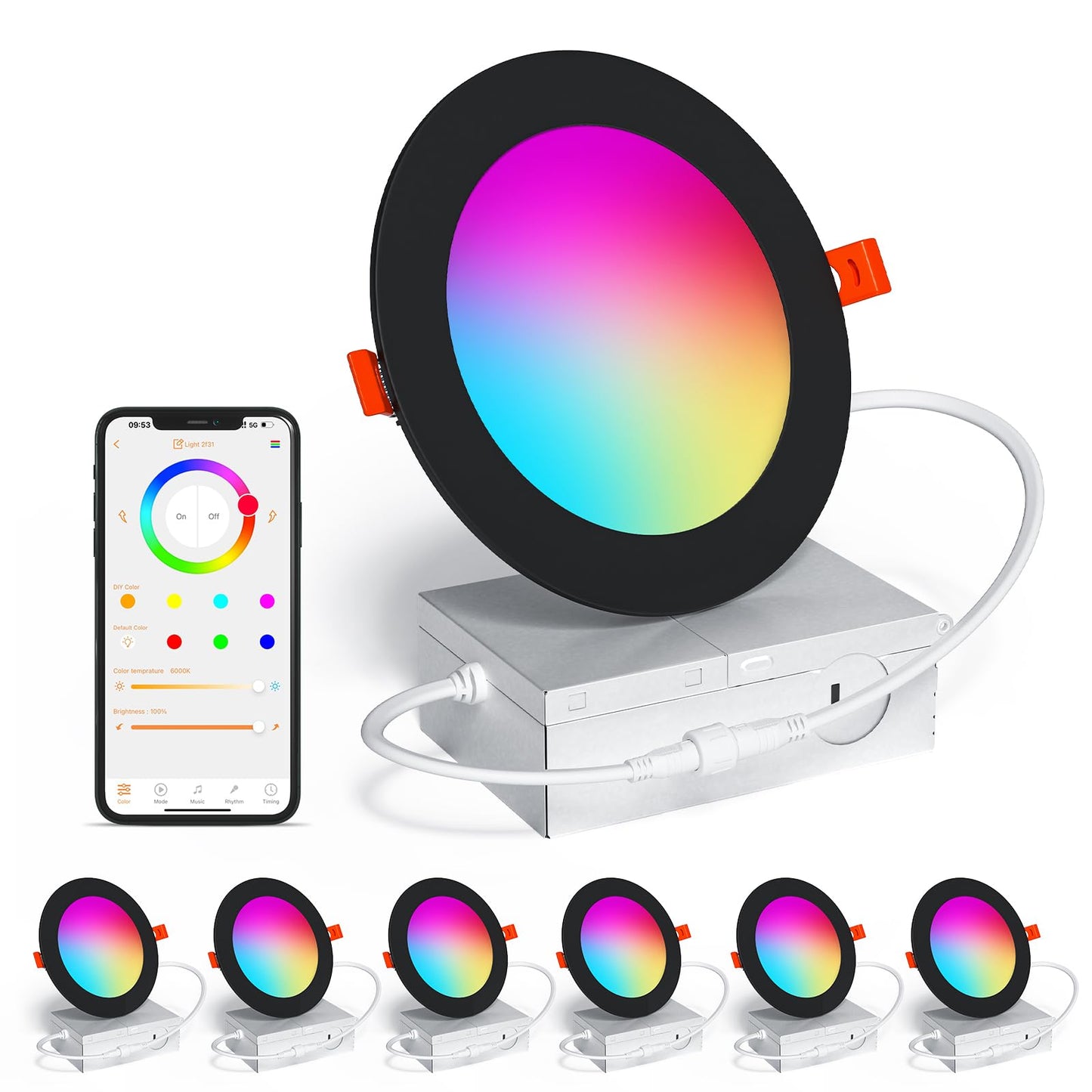 SikSog Smart Recessed Lighting 4 Inch 12W Black Pot Lights RGBCW Color Changing LED Downlight with Junction Box,1000 Lumen Recessed Ceiling Light Compatible with Alexa,Dimmable by Bluetooth -6Pack