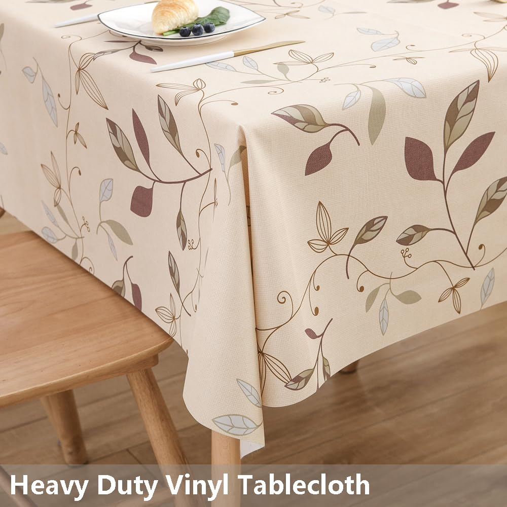 TruDelve Heavy Duty Vinyl Tablecloth Beige Plastic Table Cloth Waterproof Wipeable Oilcloth Tablecloths for Rectangle Tables (54'' x 72'', Leaves Beige)