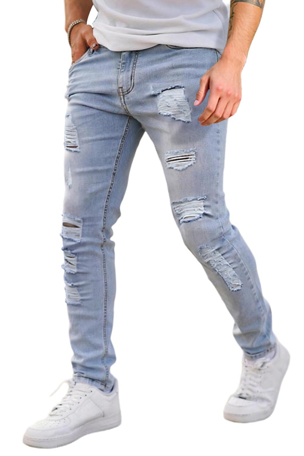 GINGTTO Men's Skinny Jeans Stretch Ripped Tapered Leg, Light Blue Ripped, 30W x 30L