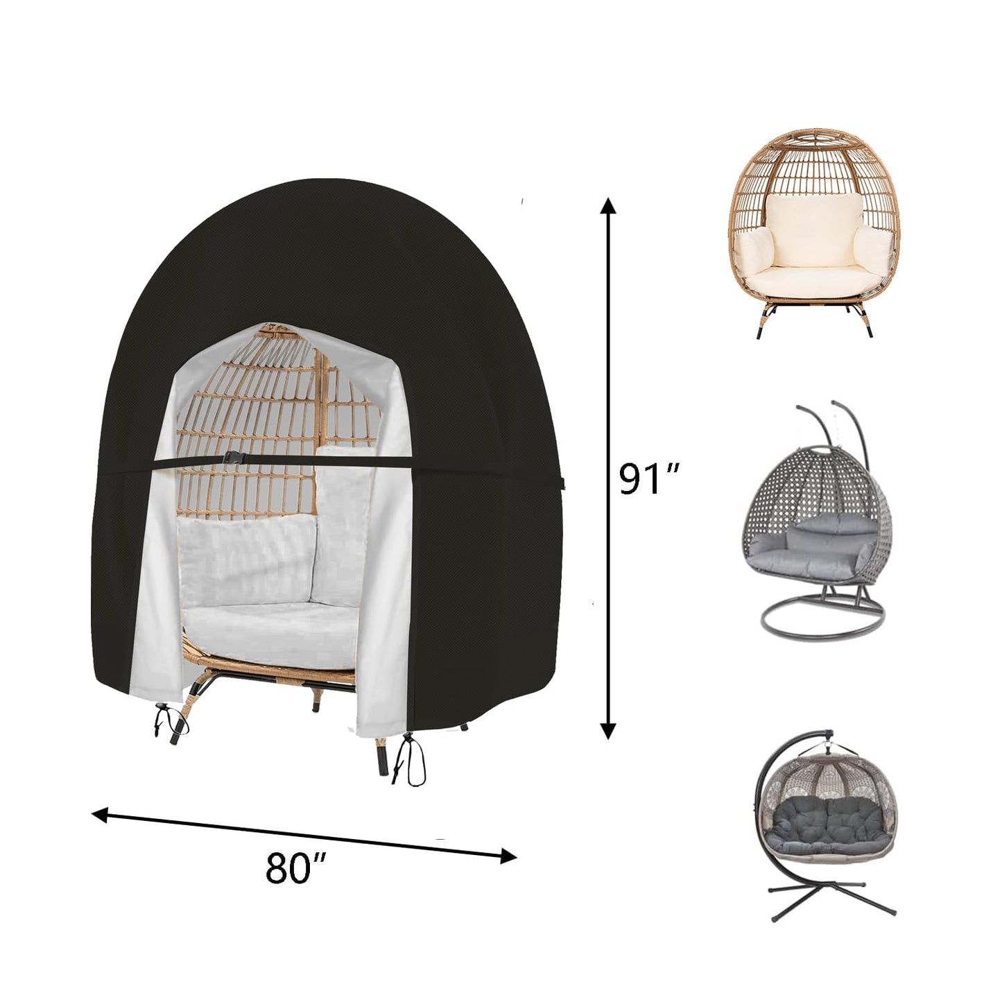 KCCLPRE Double Egg Chair Cover Waterproof Patio Hanging Extra Large Zipper Heavy Duty Swing Outdoor Wicker Furniture Person Egg Chair Covers Windproof Anti-UV Dustproof 91x80 Inch Black