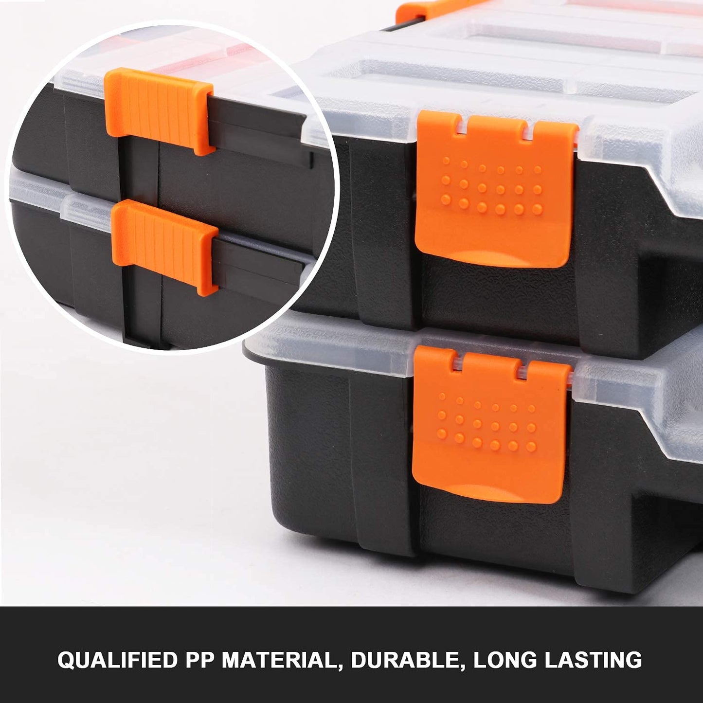 Makitoyo Tool Box Organizers, Interlocking Black Small Parts Organizer for Fasteners, Parts and Crafts w/Removable Dividers, 2 Pieces Pack, Black & Orange