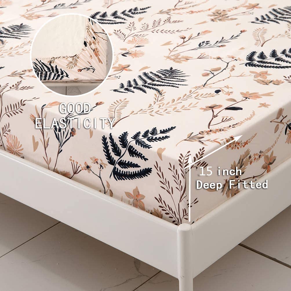 JSD Blush Pink Floral Print Sheet Set Queen 6 Piece, Soft Botanical Ferns Pattern Microfiber Sheets Deep Pocket