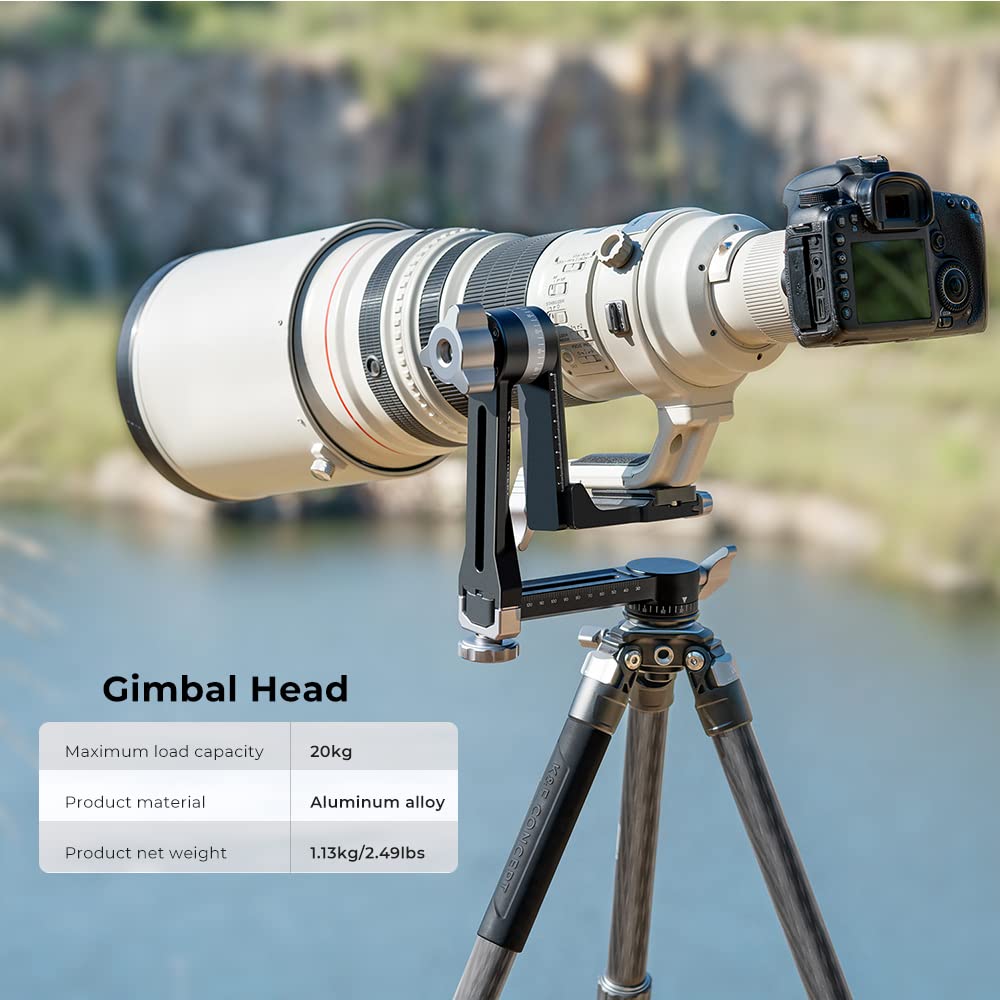 K&F CONCEPT Aluminum 360 Degree Panoramic Gimbal Tripod Head with 1/4'' Standard Quick Release Plate and Bubble Level Capacity up to 44.09lbs/20kg