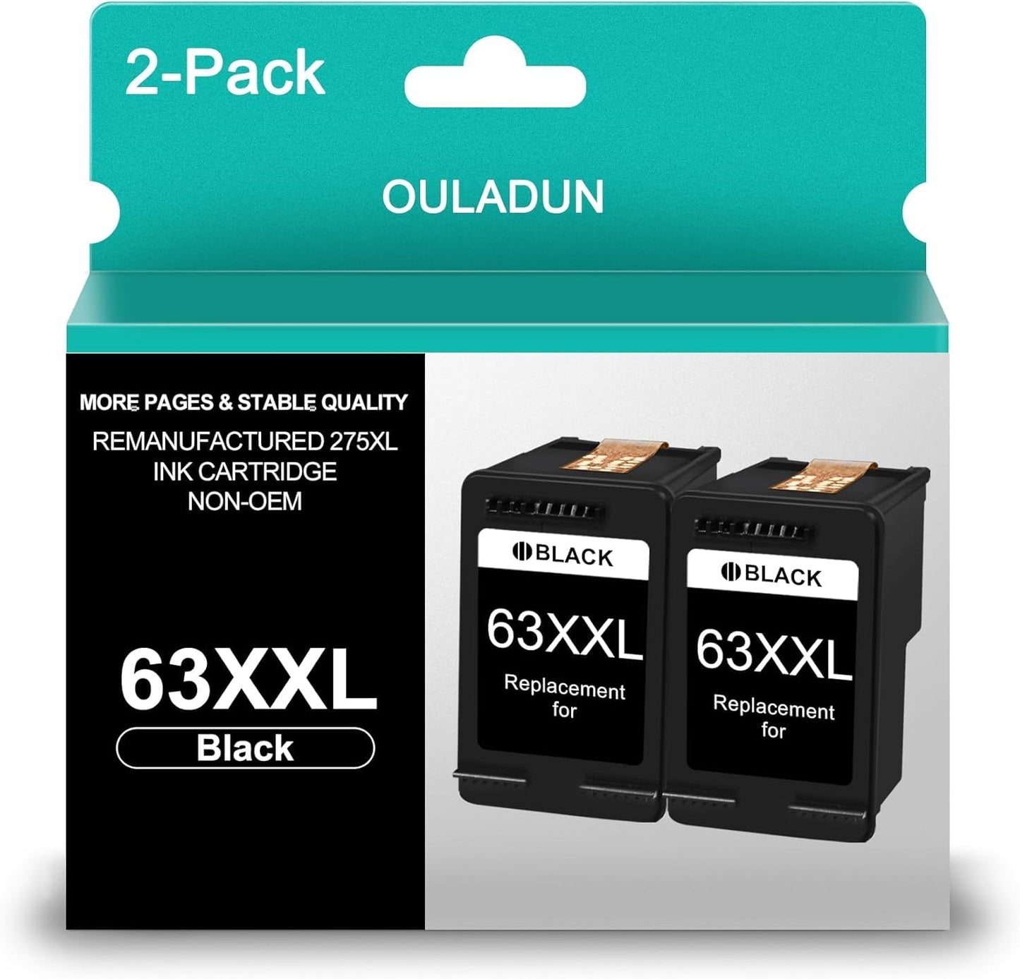 63XXL Black Ink Cartridges Replacement for HP Ink 63 63 XXL 63 XL Black Ink Works with Officejet 3830 4650 5252 5255 5258 Envy 4520 4512 Deskjet 1112 2132 3632 Printer（2 Black）