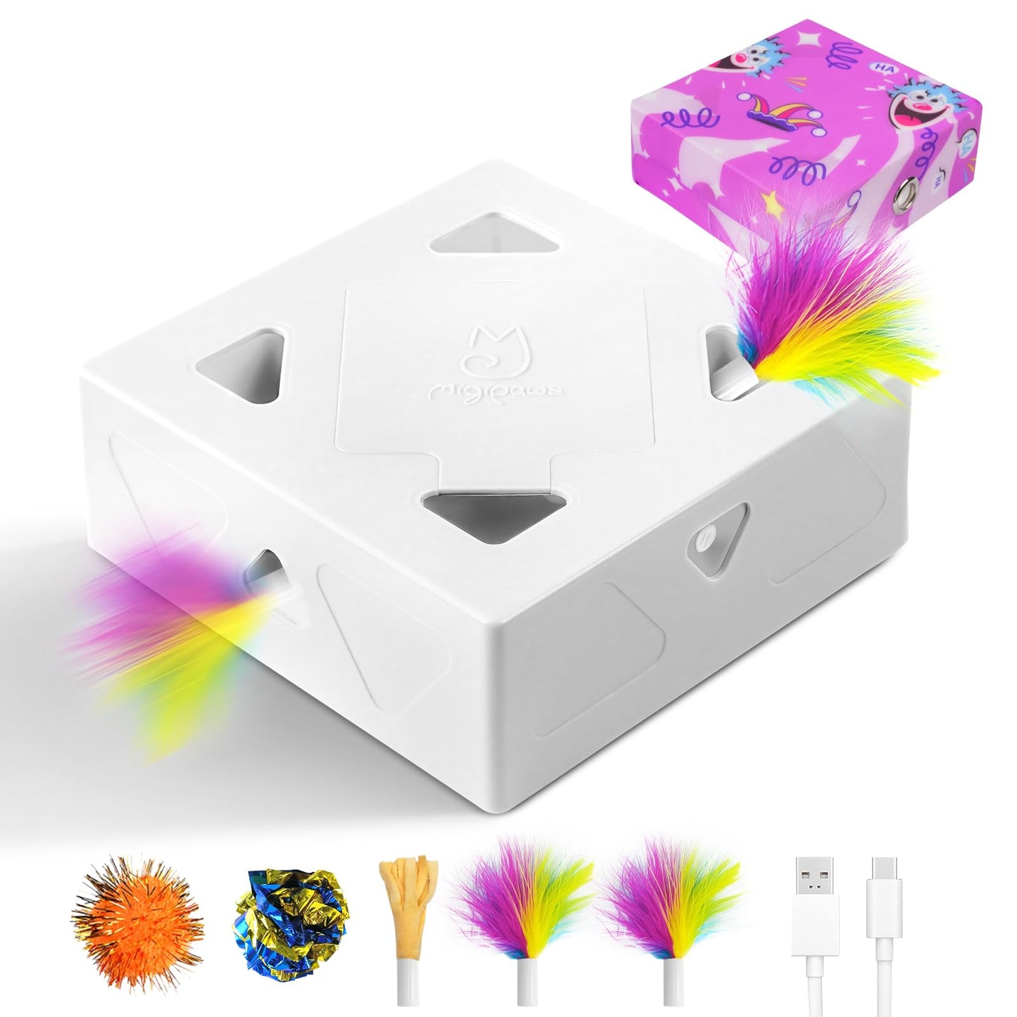 Migipaws Interactive White Cat Toy with Purple Cloth Bag, AI-Powered Mice Chase Game, Smart Sensor, Rechargeable, Durable, and DIY Ball Fun for Cats - 7 Holes, Cartoon Design